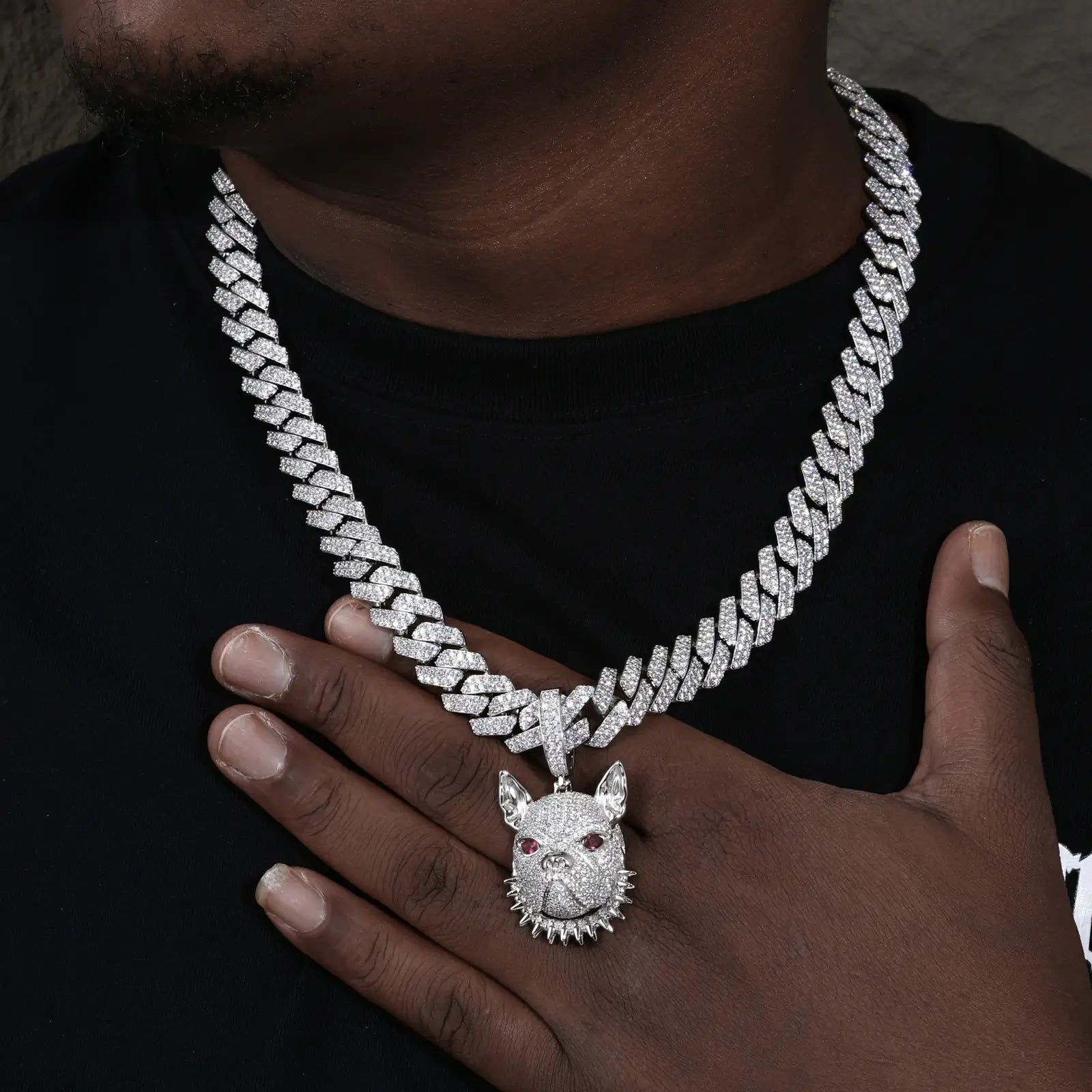 Male model styling white gold 925 sterling silver moissanite pitbull spike collar pendant with Cuban link — trendy streetwear, durable luxury accessory