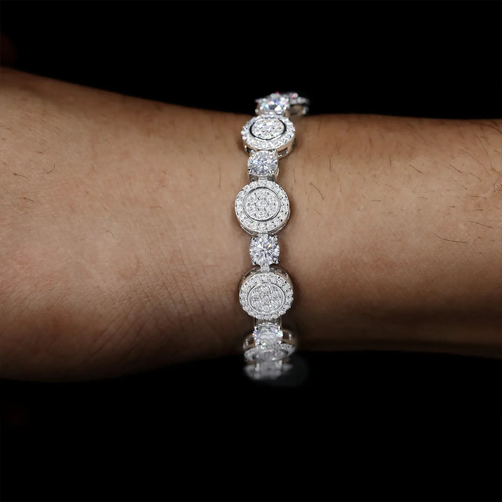 Male model styling 9mm white gold 925 sterling silver moissanite concentric circles tennis bracelet — rust-proof streetwear bling accessory