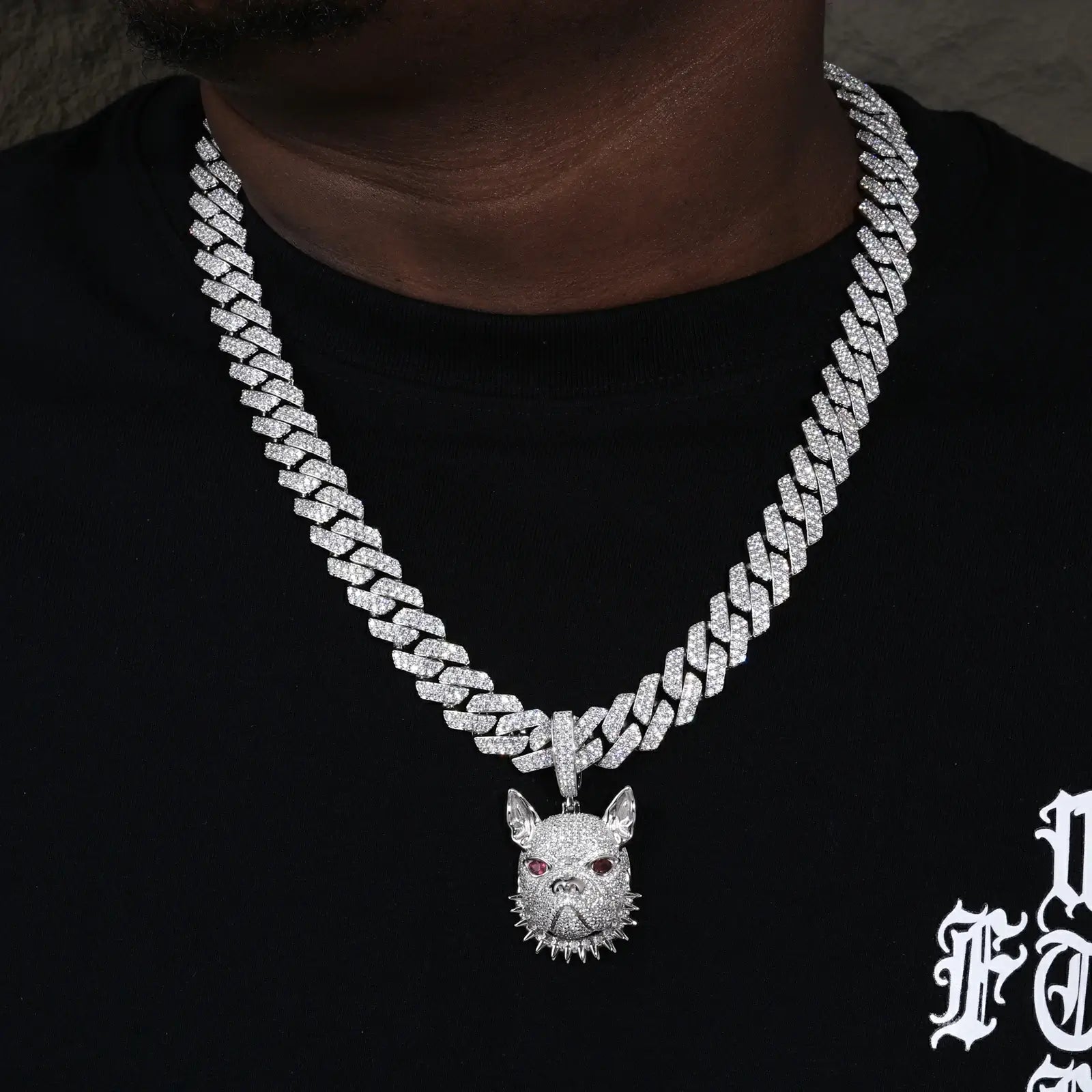 Male model wearing white gold 925 sterling silver moissanite pitbull spike collar pendant with Cuban link — hypoallergenic, diamond-like sparkle hip-hop jewelry