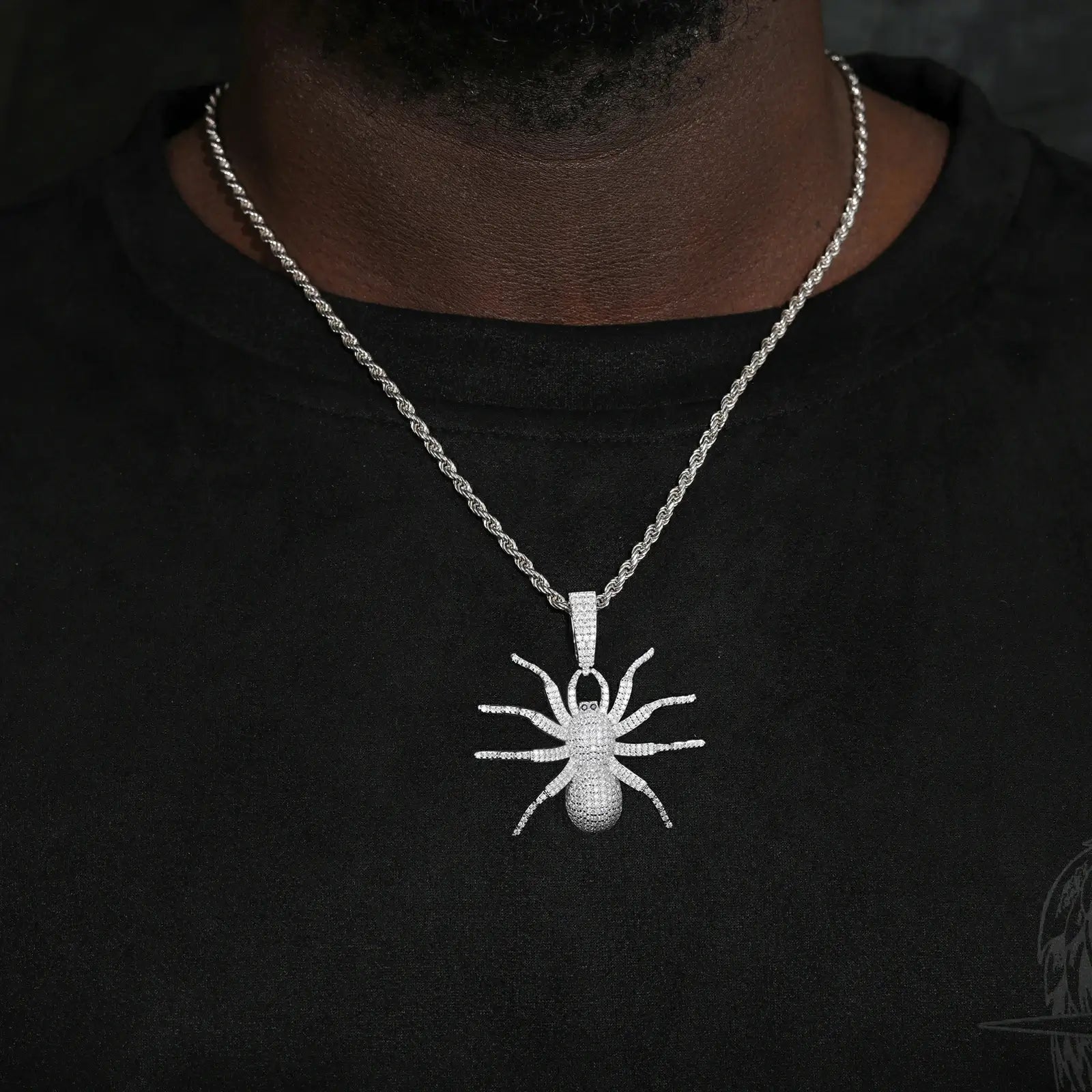 Male model wearing white gold 925 sterling silver moissanite spider pendant with twist chain — hypoallergenic, diamond-like sparkle street luxury