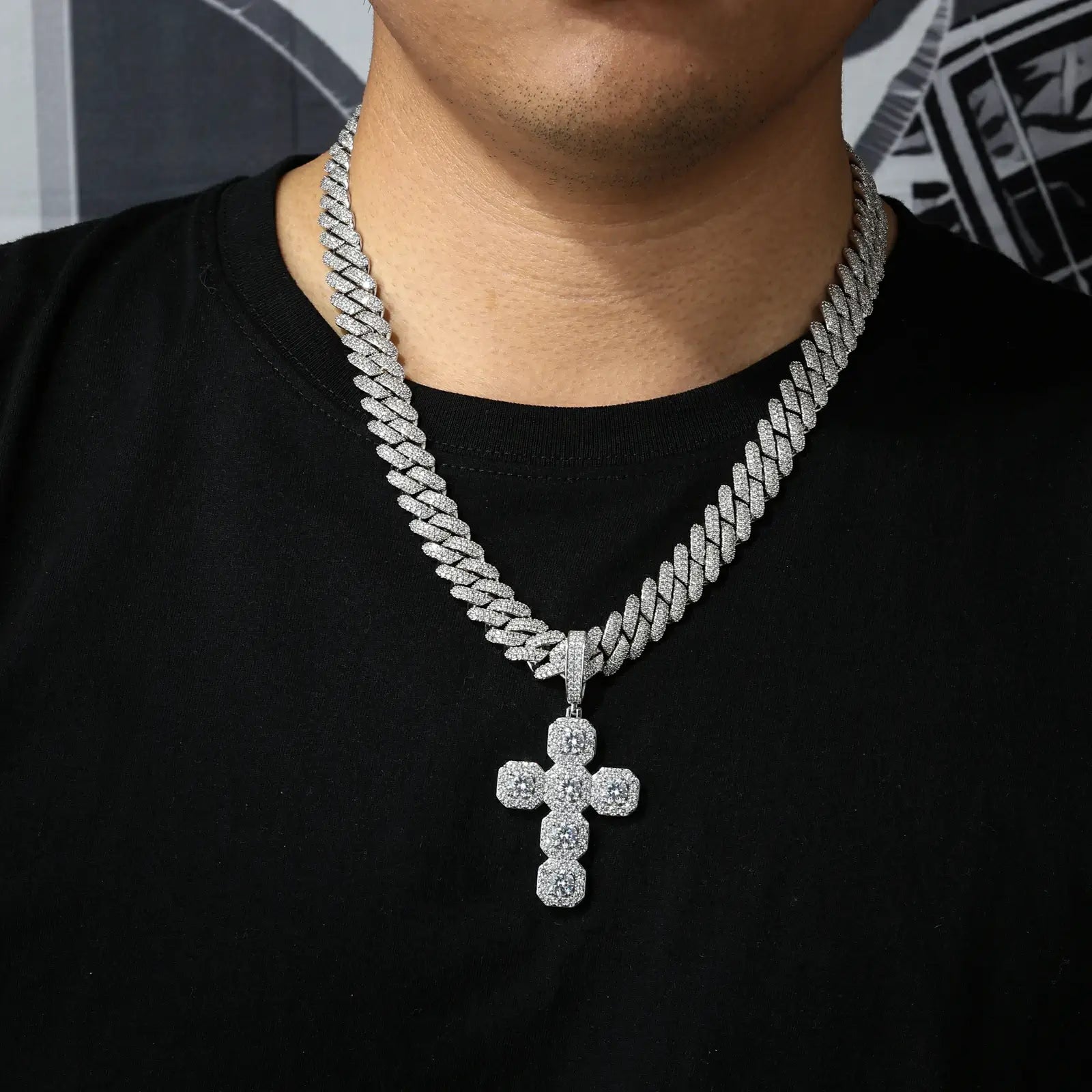 Male model wearing white gold 925 sterling silver moissanite square halo cross pendant with cuban chain — hypoallergenic 925 silver, bold streetwear style, moissanite sparkle for faith-inspired fashion