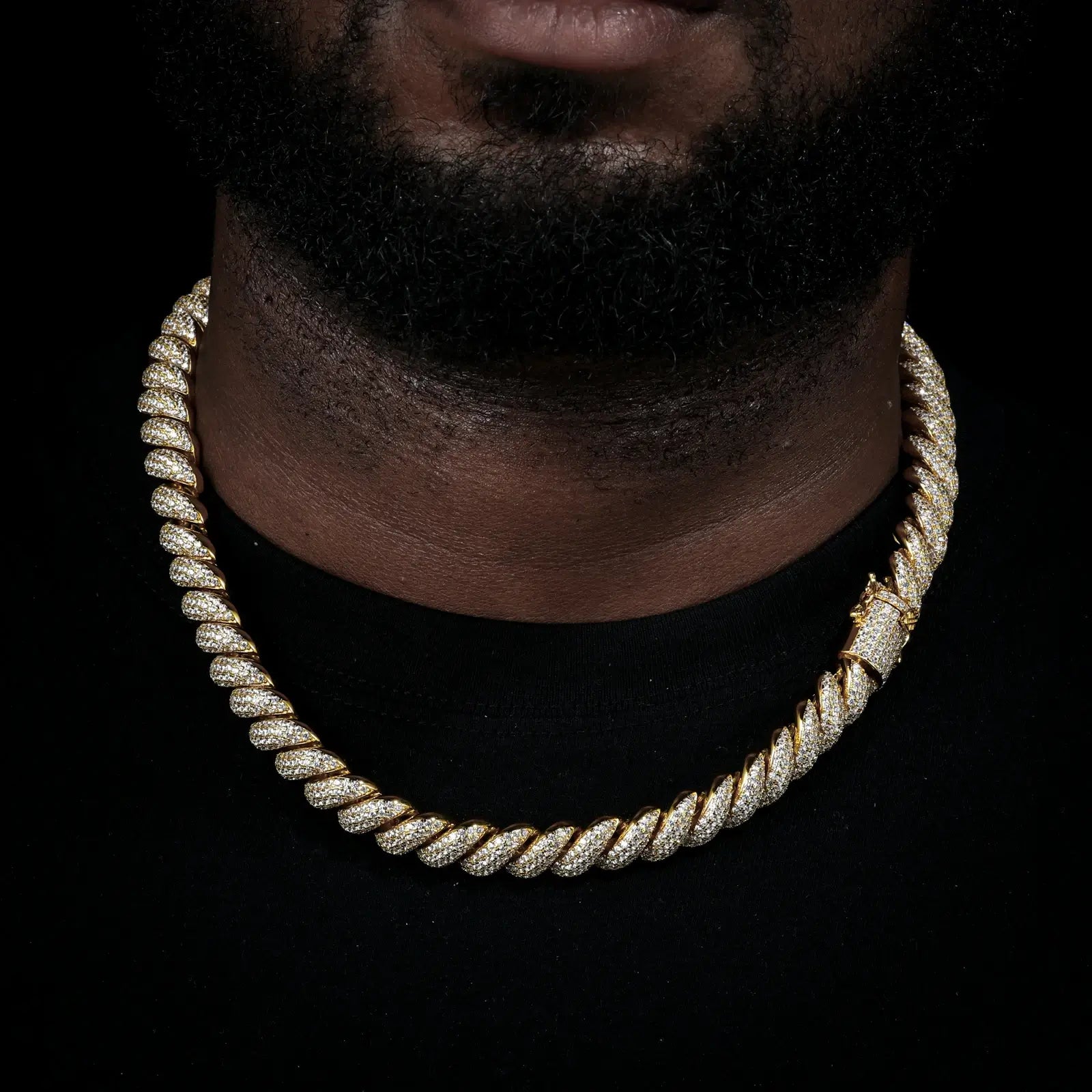 Male model wearing yellow gold 12mm 925 sterling silver moissanite hemp rope chain — showcases iced-out luxury, retro-modern hemp rope design, hypoallergenic 925 silver