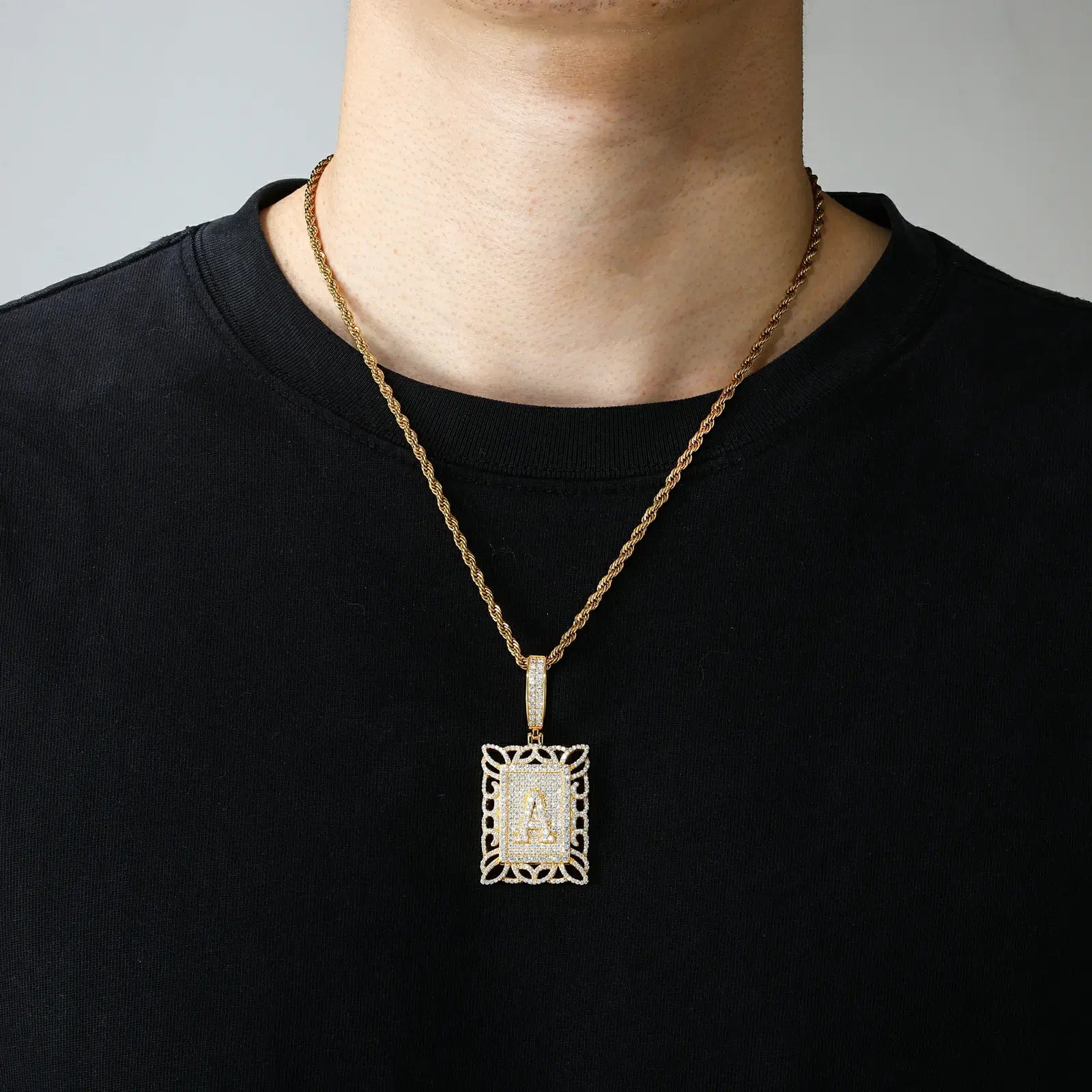 Male model wearing yellow gold 925 sterling silver moissanite Letter A square dog tag pendant with twist chain — tarnish-resistant 925 silver, bold gold tone, Letter A motif for daily wear
