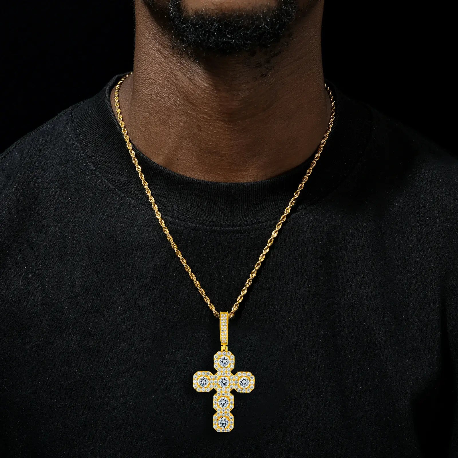 Male model wearing yellow gold 925 sterling silver moissanite square halo cross pendant with twist chain — tarnish-resistant 925 silver, warm gold tone, moissanite detail for timeless faith & style