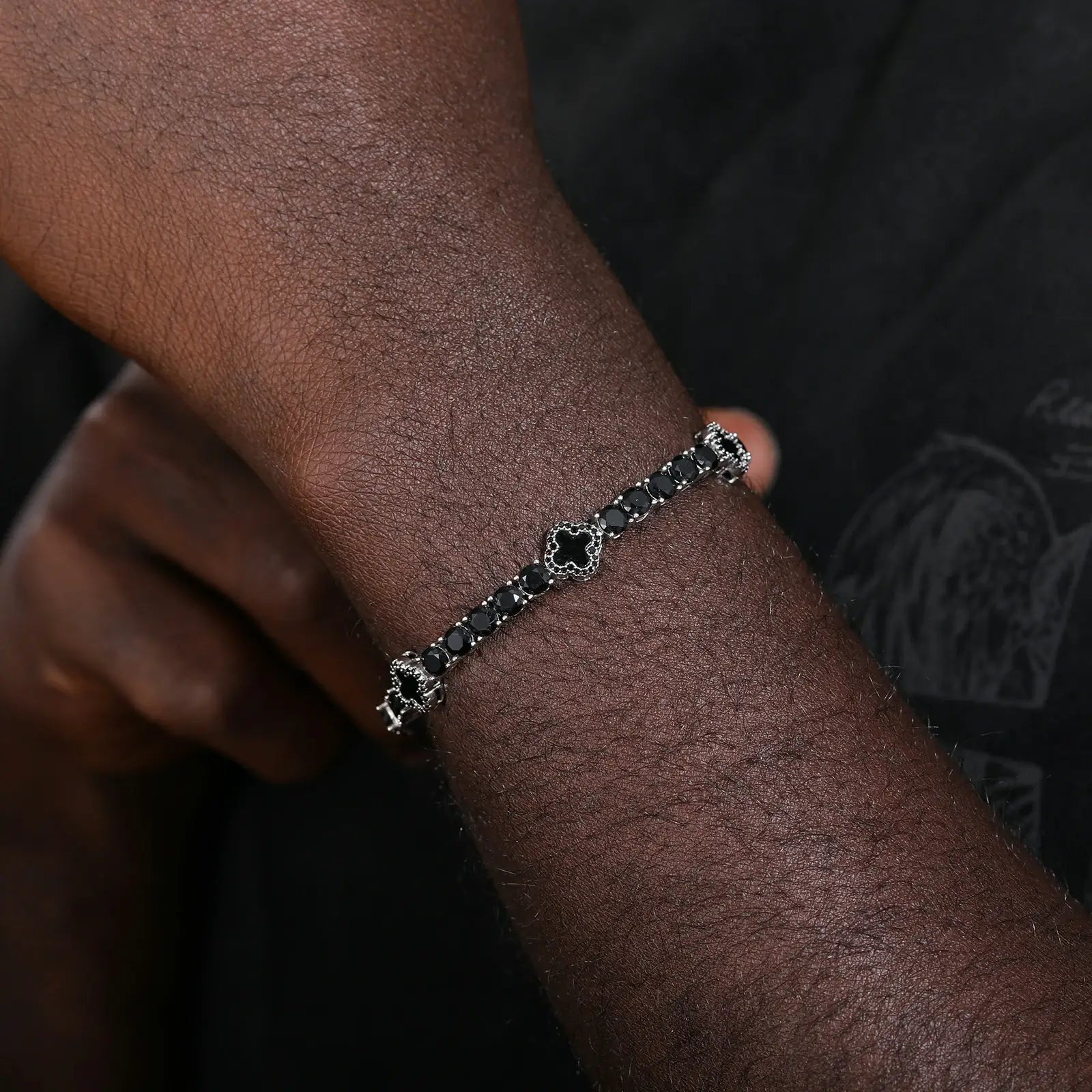 4mm 925 sterling silver moissanite tennis bracelet four leaf clover agate on dark skin — versatile styling, agate clover detail, moissanite brilliance, 925 silver durability