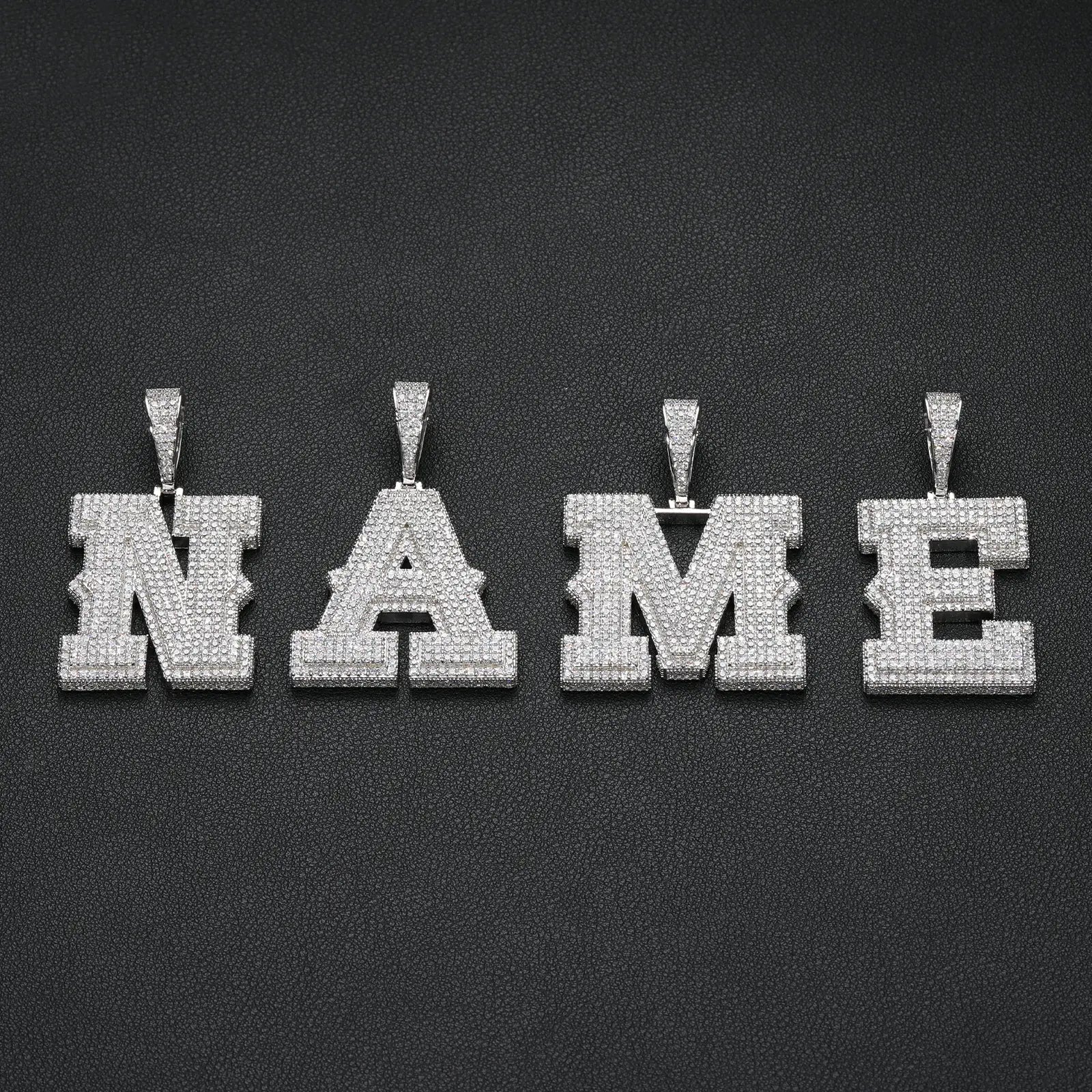 “NAME” spelled with 925 sterling silver moissanite white gold initial letter pendants — custom name luxury jewelry