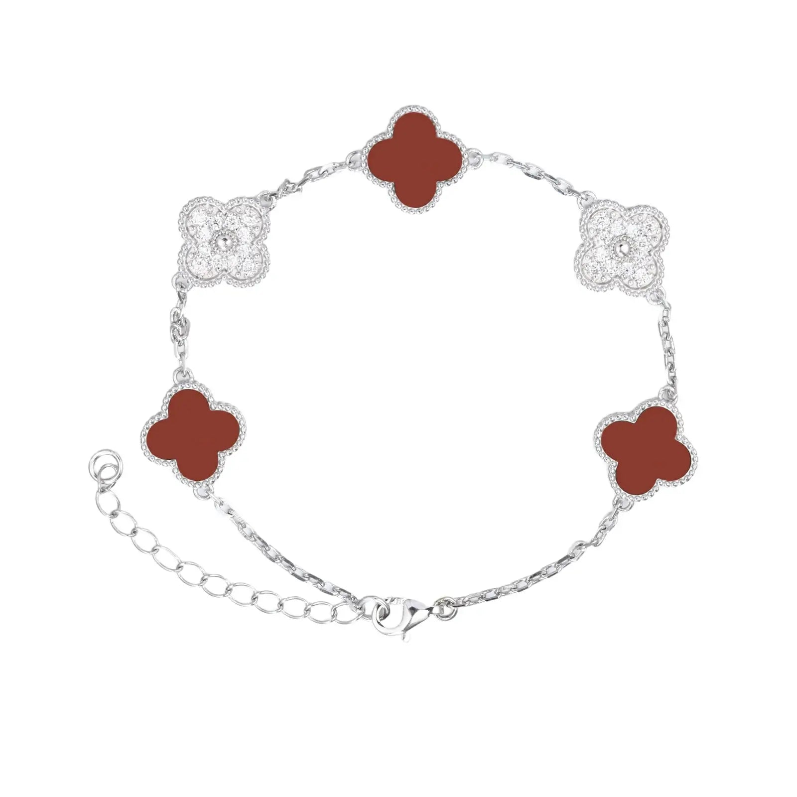 Red enamel 925 sterling silver moissanite 5 motifs clover bracelet full display on white background — unique color option, floral design trend, moissanite durability