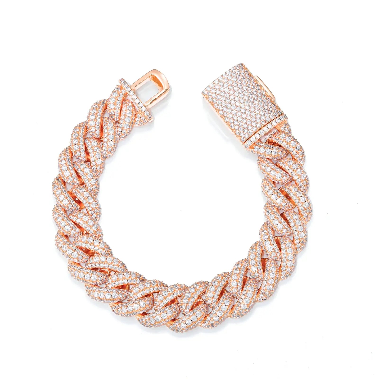 Rose gold 15mm 925 sterling silver 3 rows moissanite bubble Cuban link bracelet on white background — unique rose gold finish, 3-row bubble detail, moissanite brilliance, Cuban link luxury