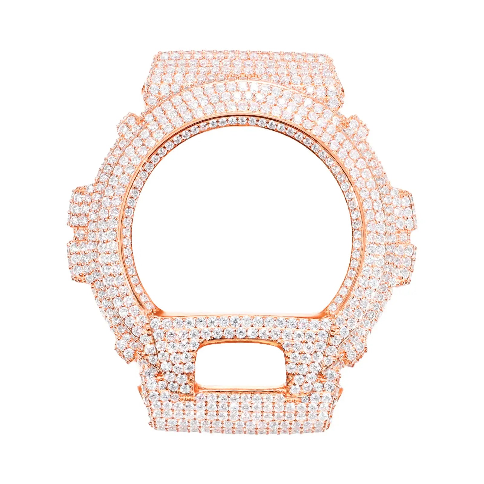 Rose gold 925 sterling silver moissanite G-Shock DW6900 watch case full display on white background — unique color option, moissanite sparkle, 925 silver luster