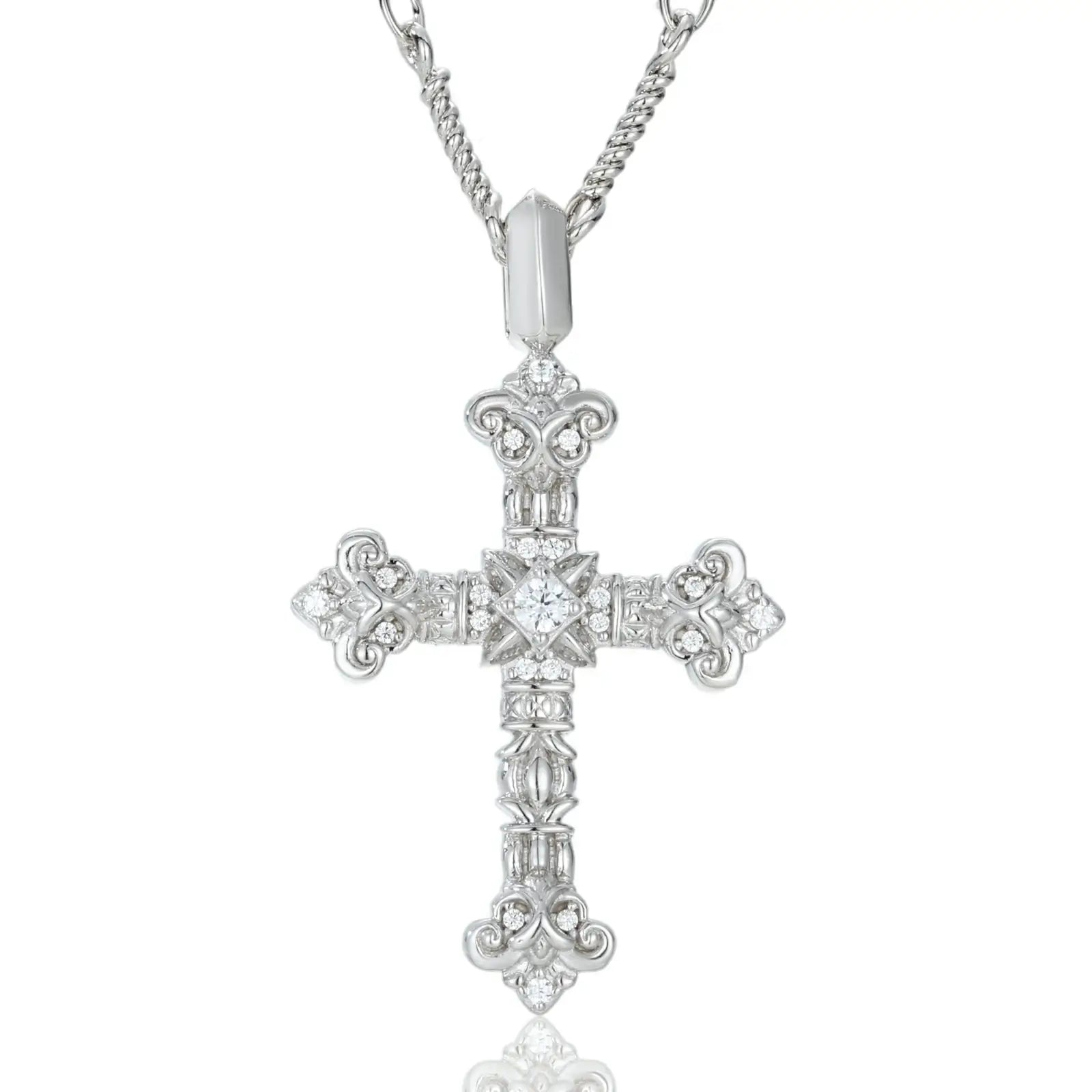 Clear view of S925 moissanite flame cross pendant (white gold) on white background, waterproof 925 silver jewelry, diamond-like brilliance