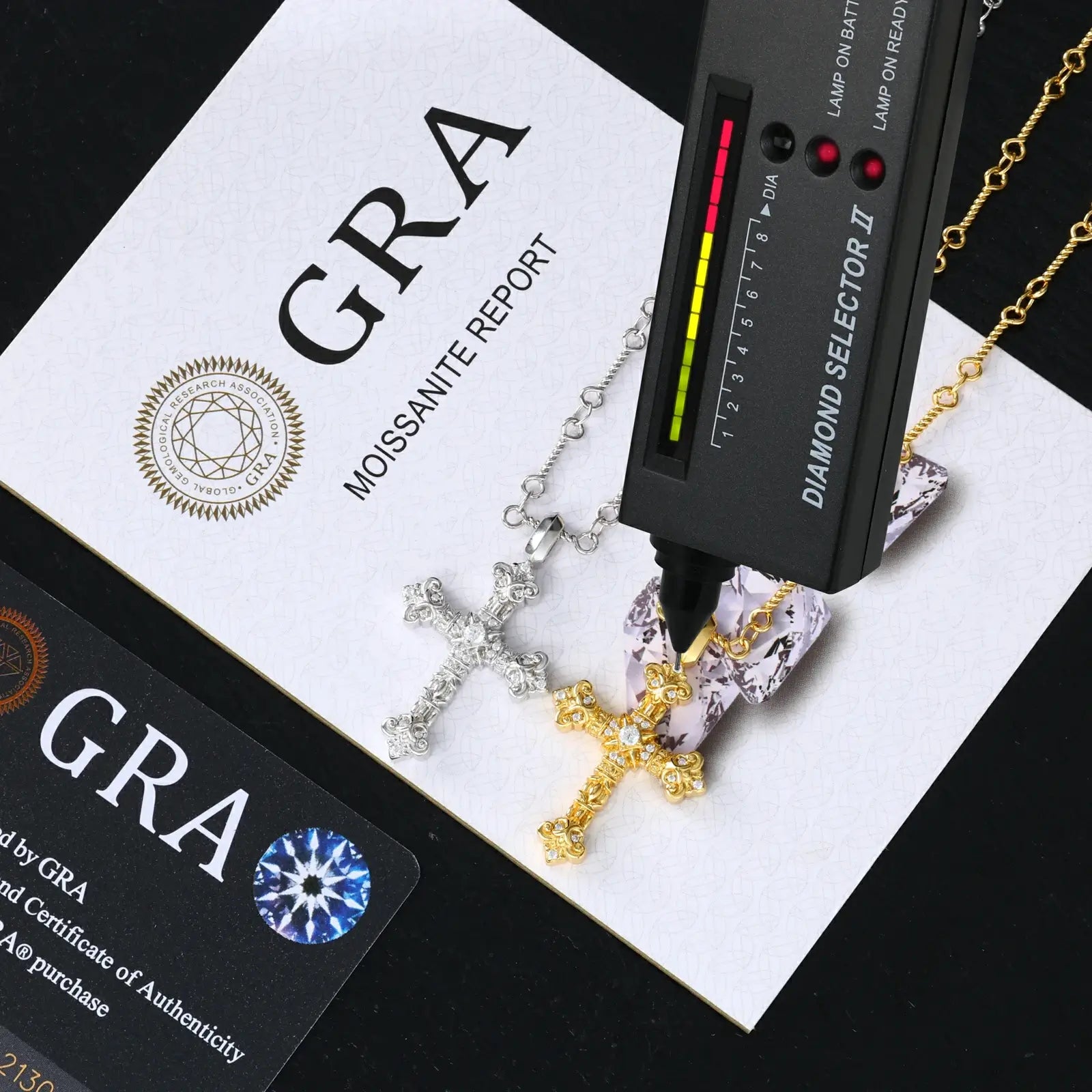 S925 moissanite flame cross pendants (white & yellow gold) with diamond tester and GRA certificate, certified moissanite jewelry