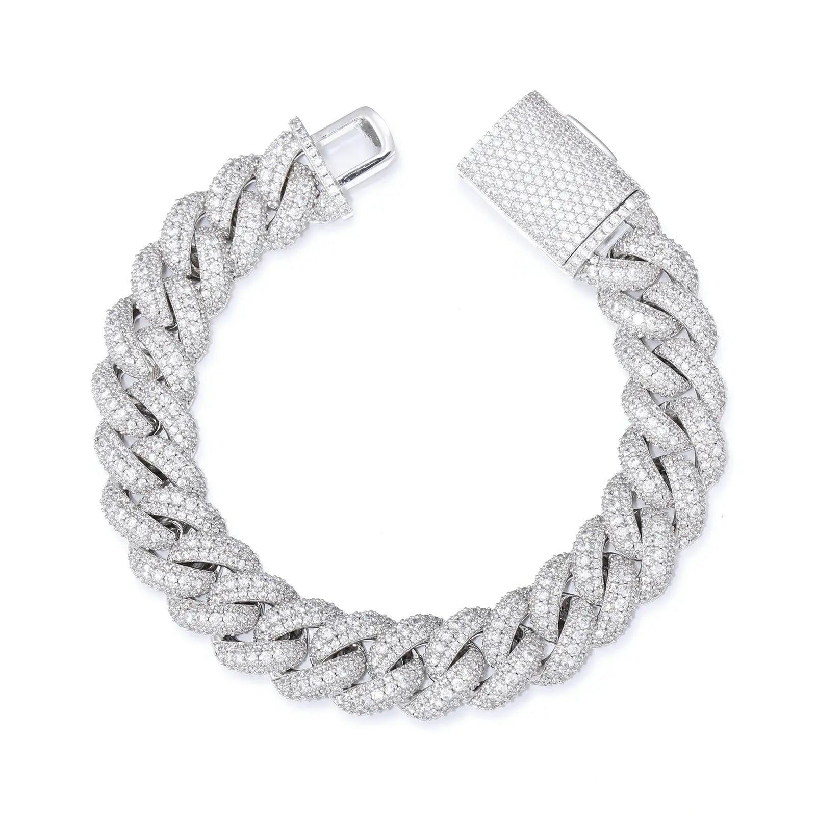 Silver 15mm 925 sterling silver 3 rows moissanite bubble Cuban link bracelet on white background — clear view of 3-row bubble design, moissanite inlay, 925 silver craftsmanship, iced-luxury