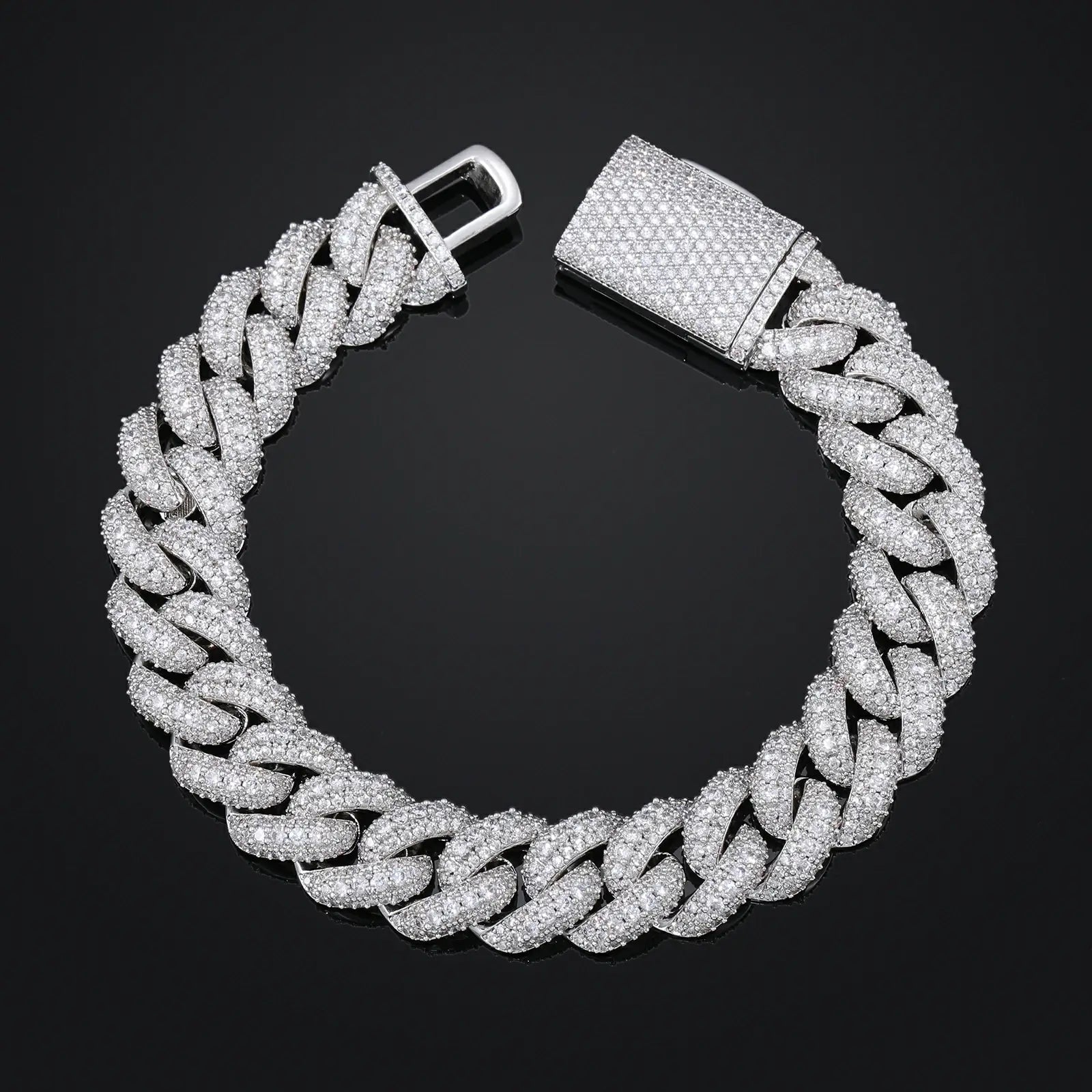 Silver 15mm 925 sterling silver 3 rows moissanite bubble Cuban link bracelet on black background — emphasizes iced-out sparkle, 3-row bubble structure, hypoallergenic 925 silver, streetwear trend