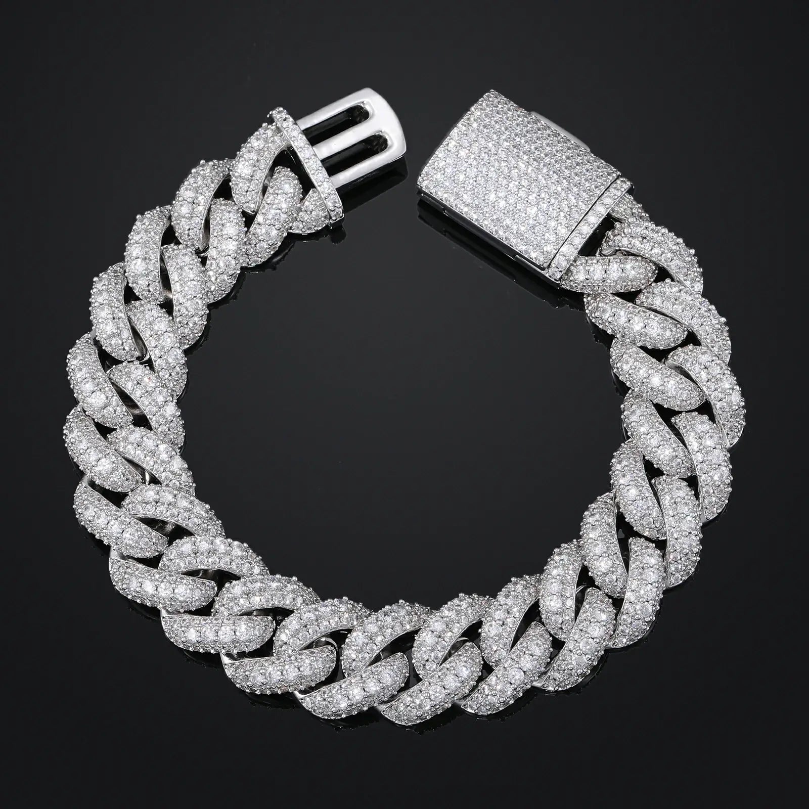 Silver 18mm 925 sterling silver 3 rows moissanite bubble Cuban link bracelet on white background — emphasizes 3-row bubble structure, diamond-esque moissanite, hypoallergenic 925 silver, Cuban link legacy