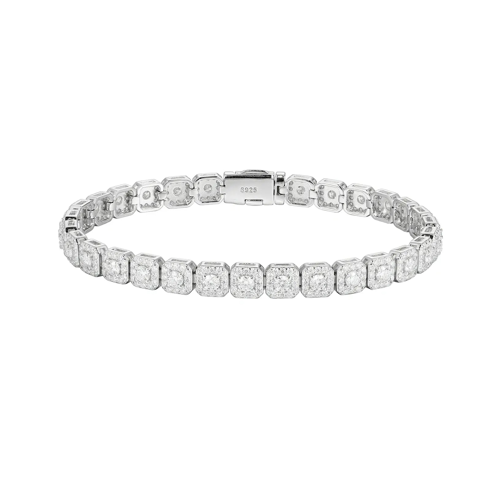 Silver 6mm 8mm 925 sterling silver moissanite clustered halo tennis bracelet on white background — clustered halo design, moissanite sparkle, hypoallergenic 925 silver, luxury tennis jewelry