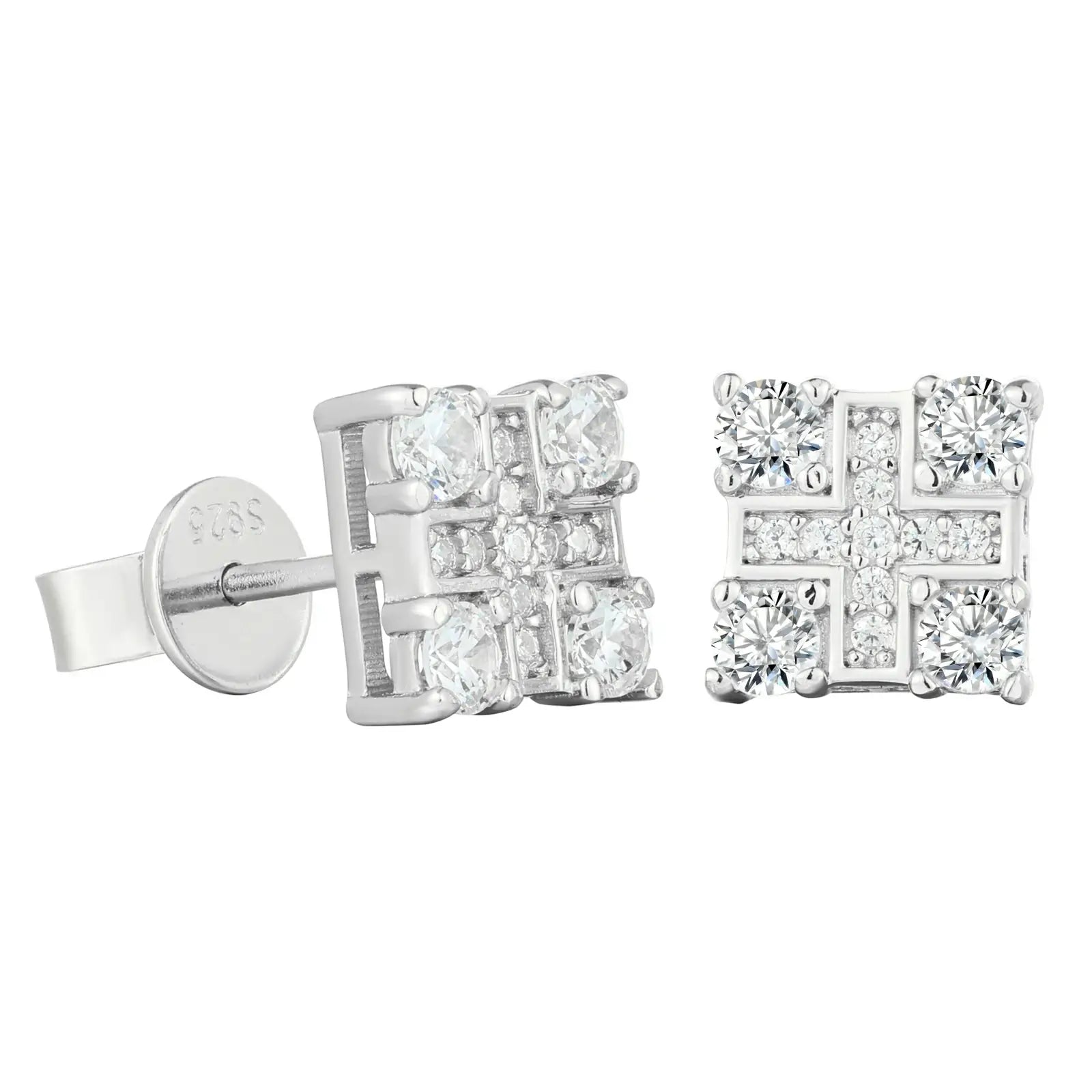 Silver 925 sterling silver moissanite cross square stud earrings detail on white background — clear view of cross square design, 925 silver marking, moissanite sparkle