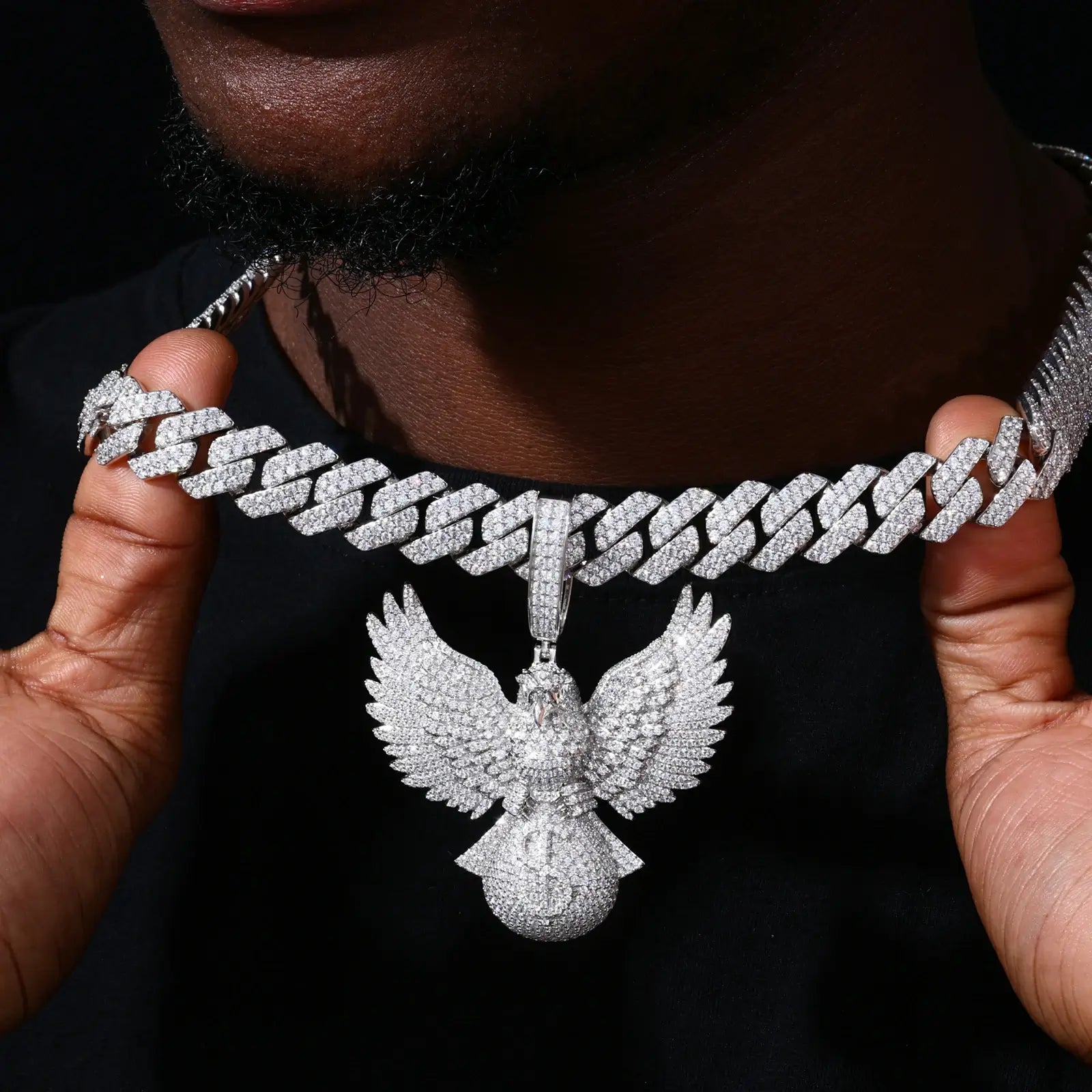 Silver 925 sterling silver moissanite bald eagle pendant on Cuban link — iced-out street luxury, moissanite durability, 925 silver hypoallergenic, bold statement piece