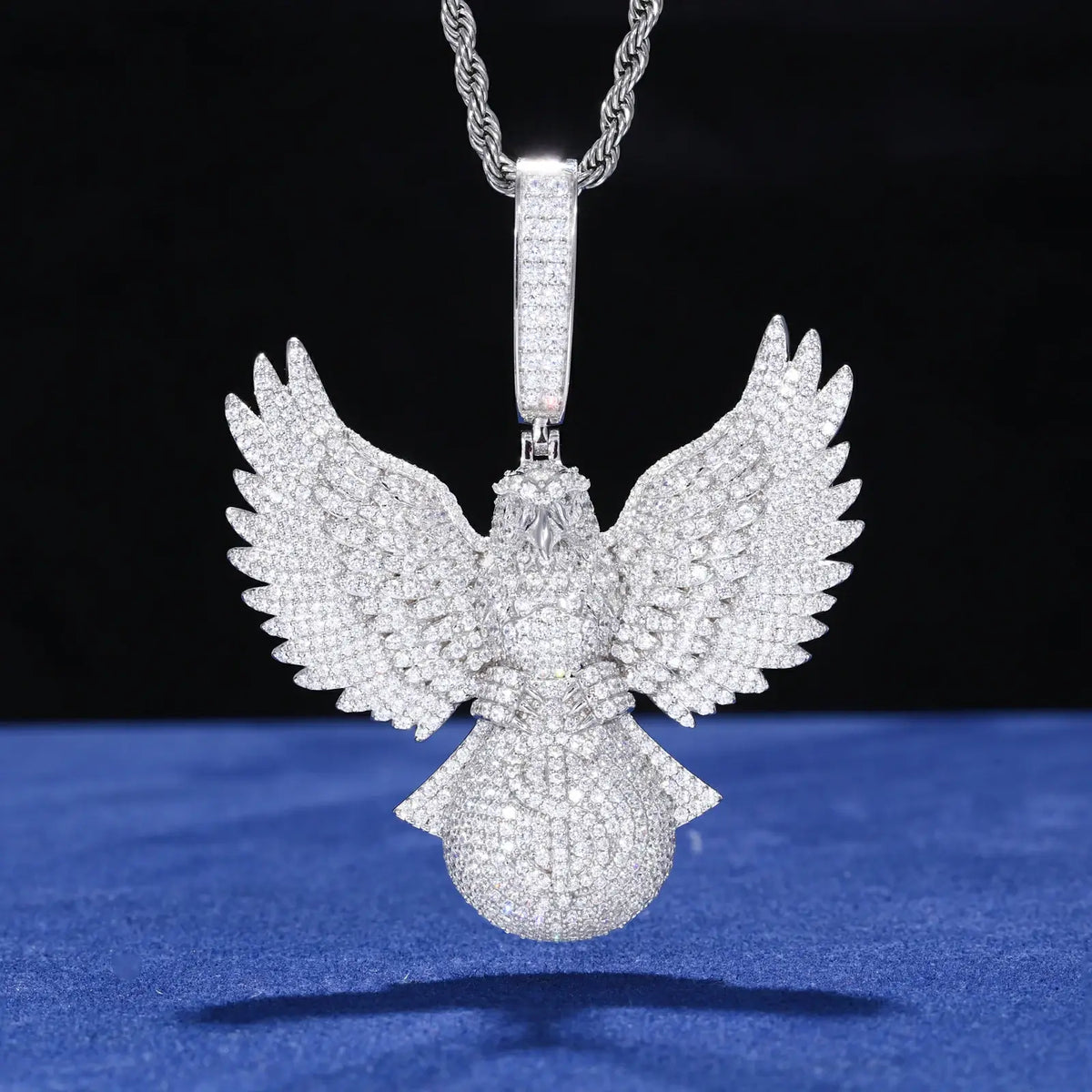 925 Sterling Silver Moissanite Bald Eagle Grabs the Money Bag Pendant