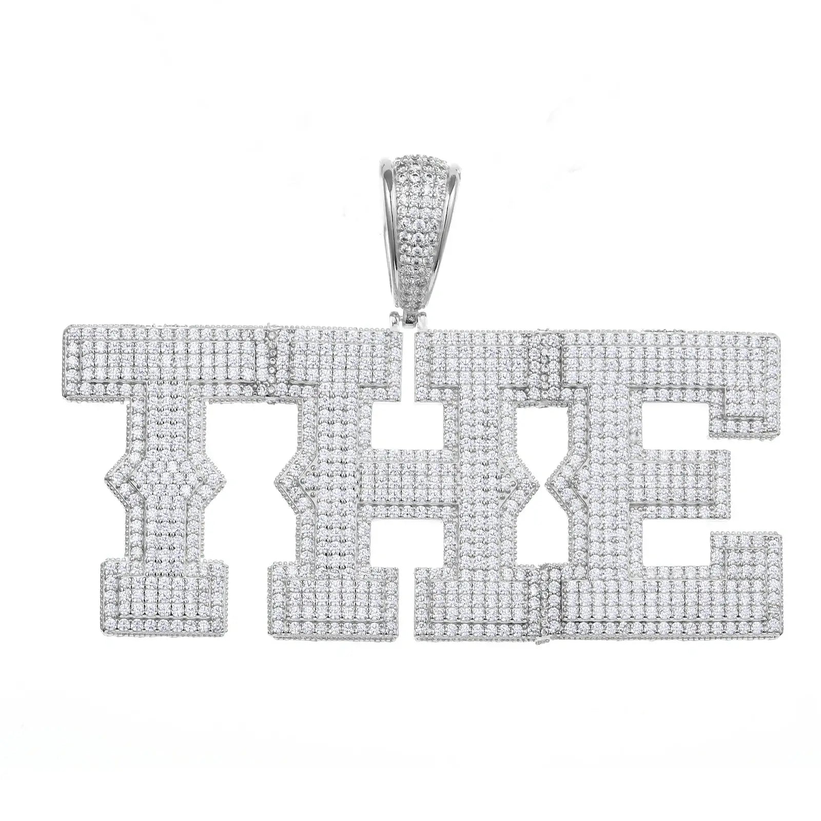 Silver 925 sterling silver moissanite custom spine letter name pendant on white background — iced-out hip-hop style, moissanite sparkle, hypoallergenic 925 silver, personalized name jewelry