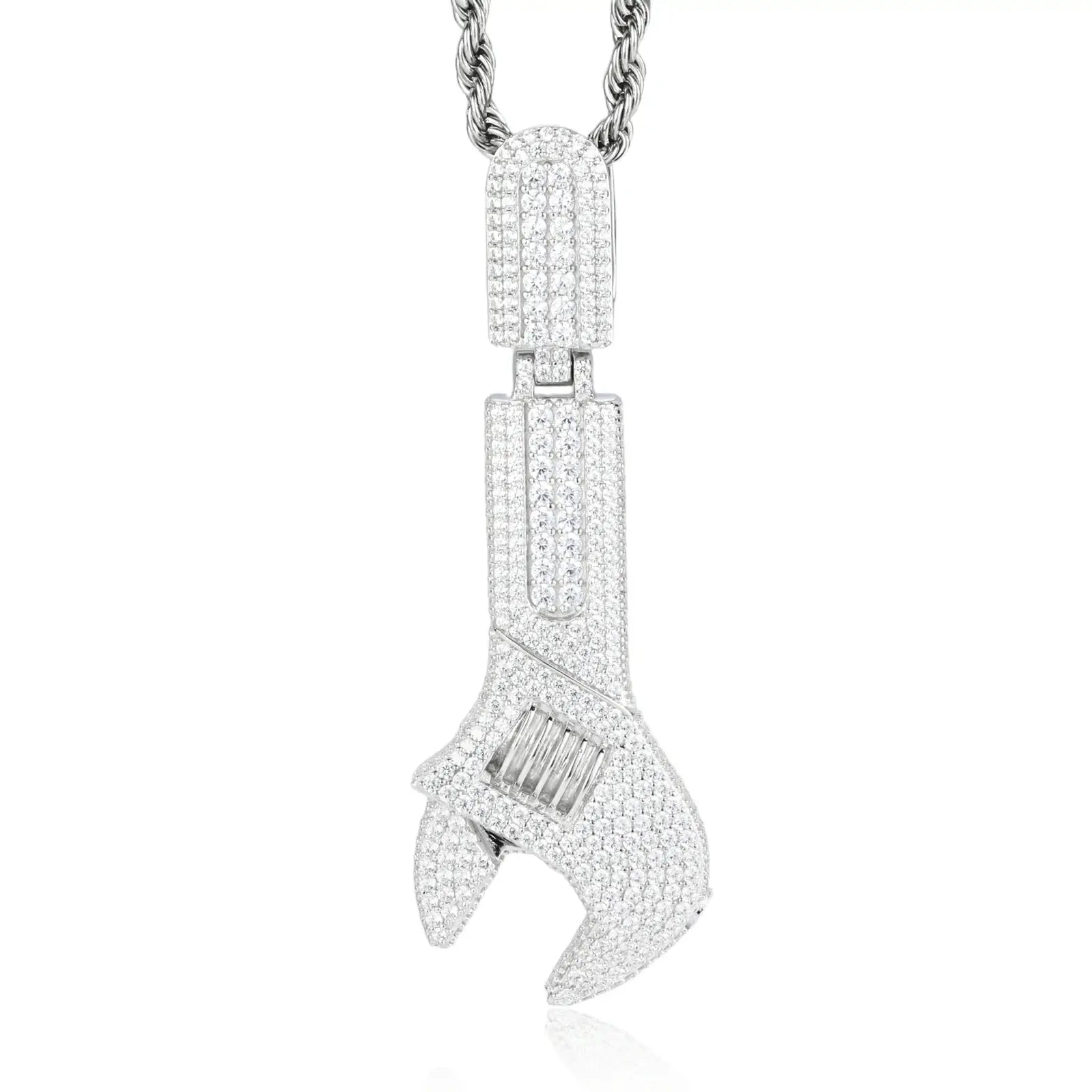 Silver 925 sterling silver moissanite wrench pendant with twisted chain — industrial hip-hop design, moissanite sparkle, hypoallergenic 925 silver, luxury street jewelry