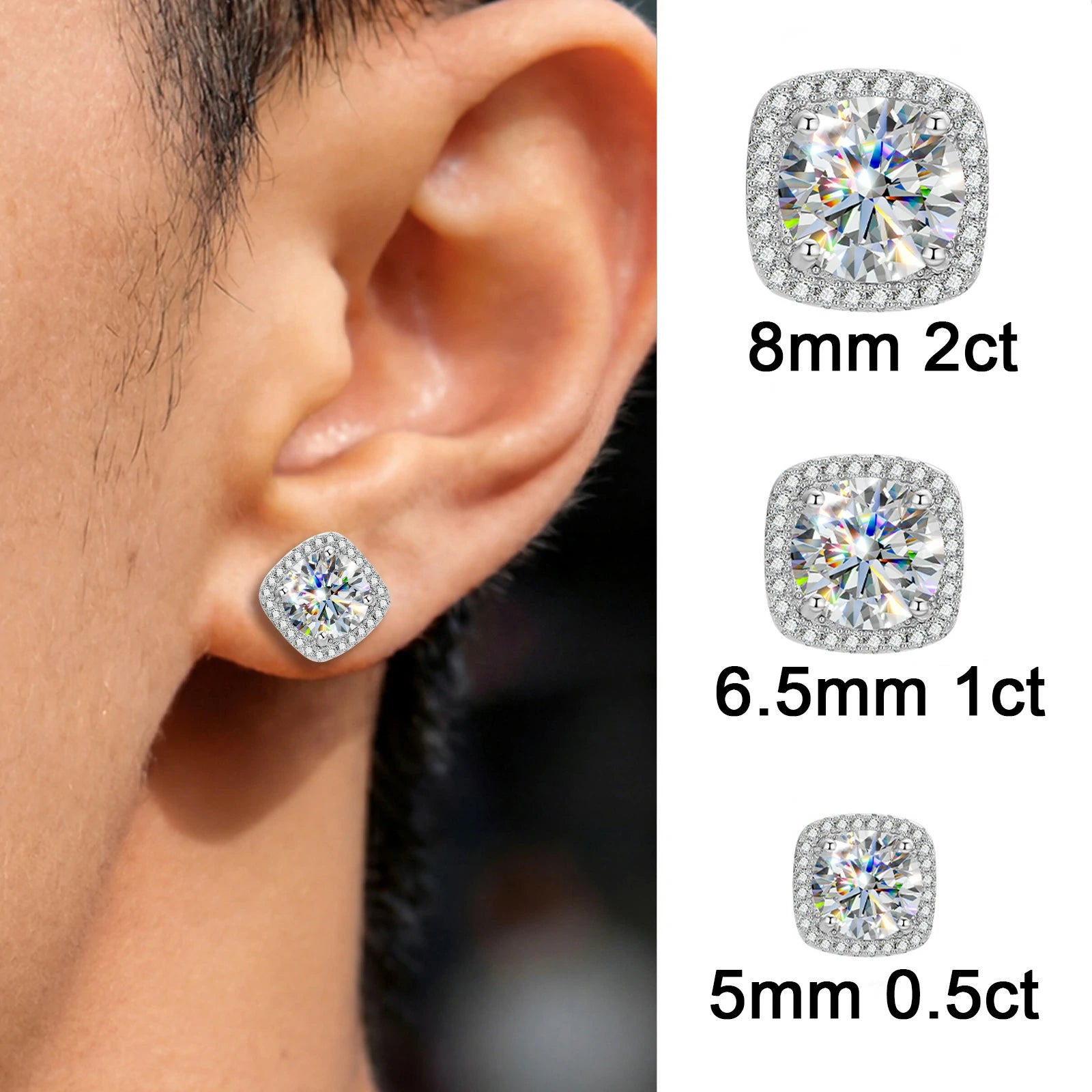 S925 Moissanite Magnetic Square Halo Stud Earrings