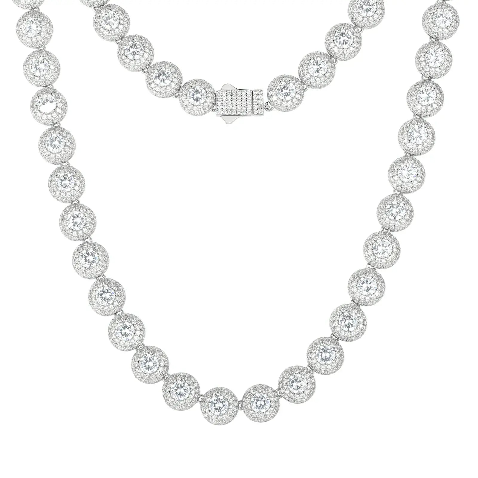 White gold 10mm 925 sterling silver moissanite round halo tennis chain full display on white background — minimalist view of round halo moissanite inlay, 925 silver luster