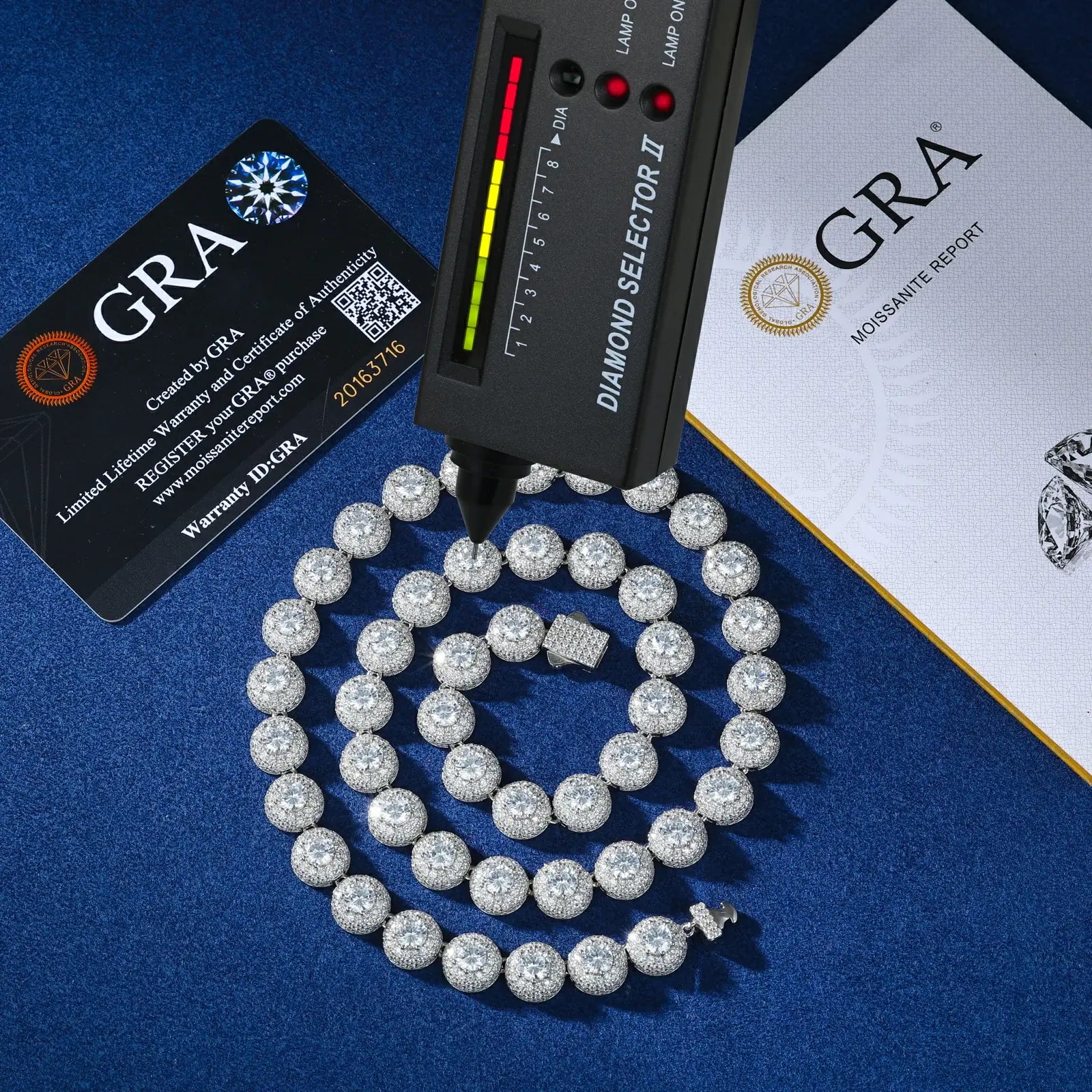 White gold 10mm 925 sterling silver moissanite round halo tennis chain with GRA certificate & diamond tester — certified moissanite, 925 silver durability, iced-halo authenticity