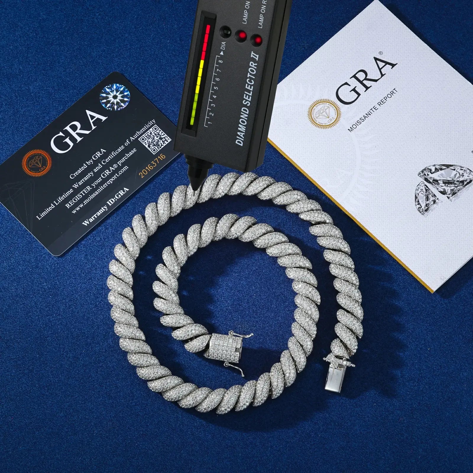 White gold 12mm 925 sterling silver moissanite hemp rope chain with GRA certificate & diamond tester — certified moissanite, 925 silver durability, iced-hemp rope authenticity