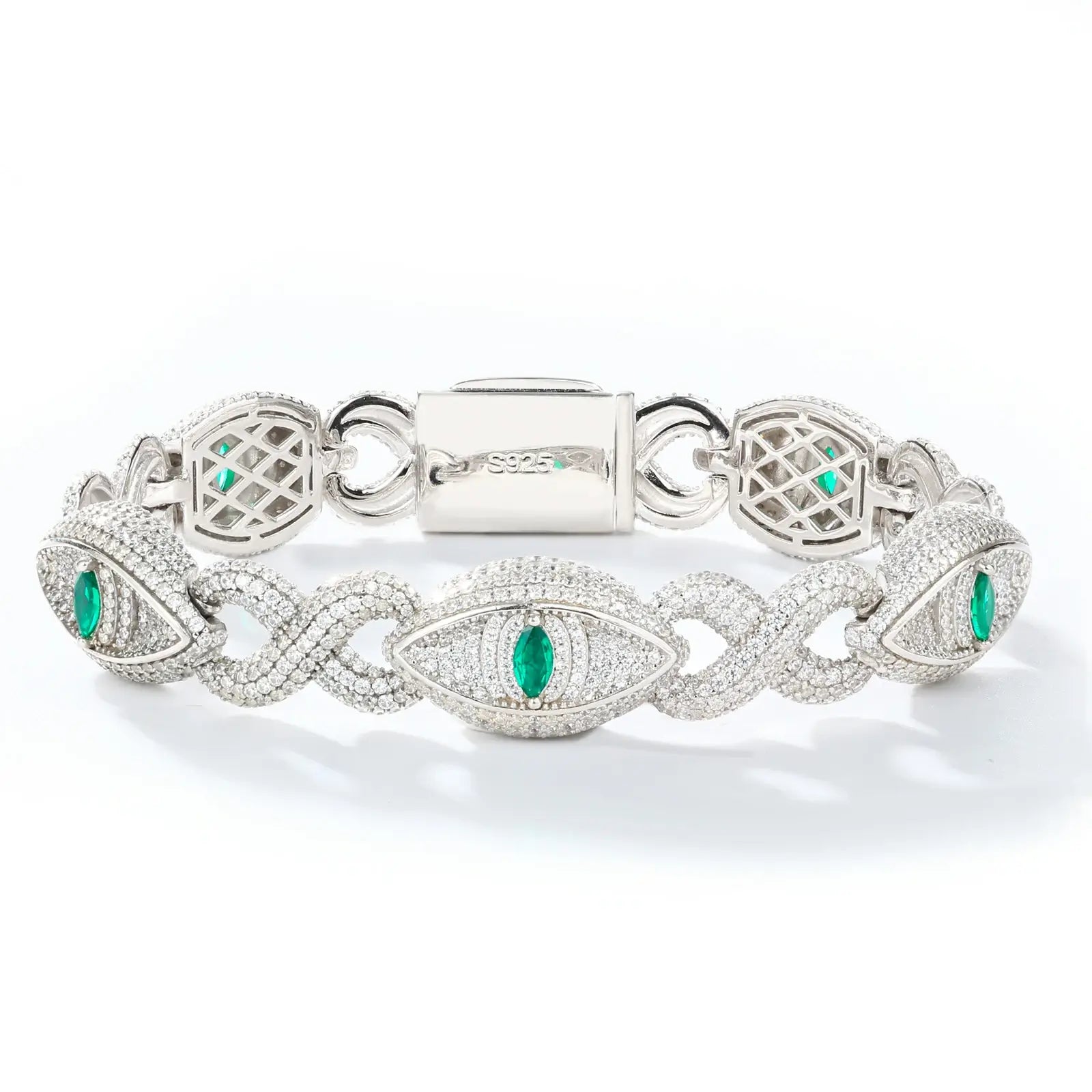 White gold 14mm 925 sterling silver moissanite infinity evil eye bracelet on white background — minimalist display, moissanite sparkle, infinity-evil eye link detail