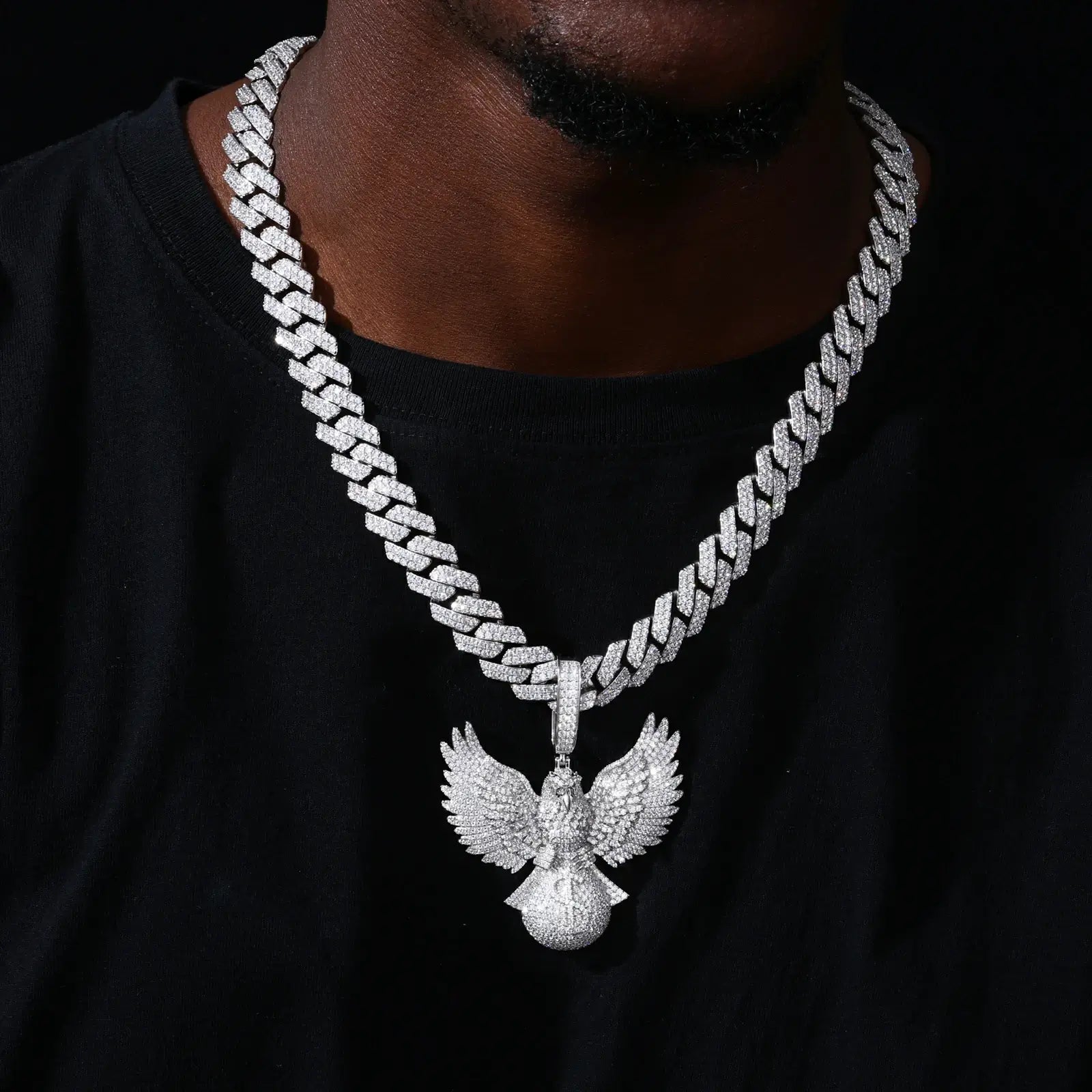 Silver 925 sterling silver moissanite bald eagle pendant on Cuban link — iced-out street luxury, moissanite durability, 925 silver hypoallergenic, bold statement piece