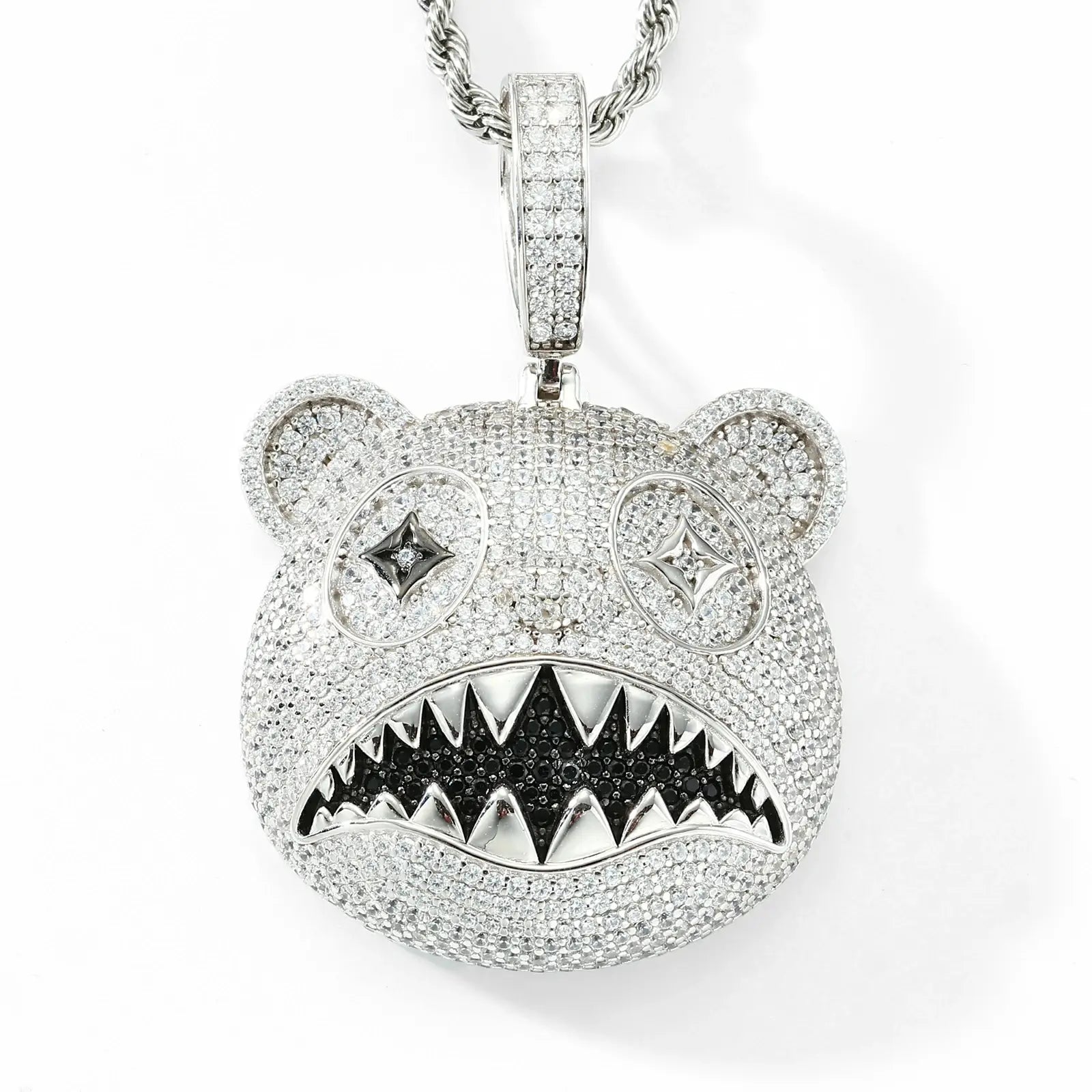 White gold 925 sterling silver moissanite hungry bear pendant on white background — minimalist display, hypoallergenic 925 silver