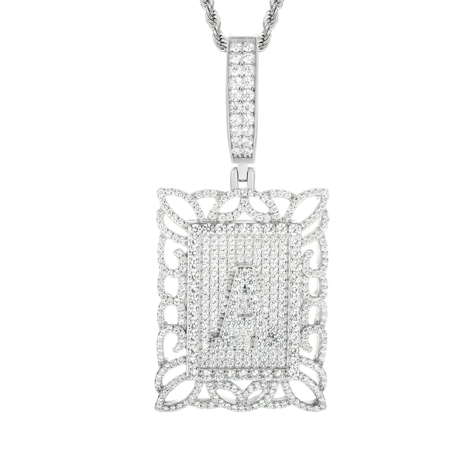 White gold 925 sterling silver moissanite Letter A square dog tag pendant on white background — minimalist display, moissanite brilliance, personalized Letter A for gifting