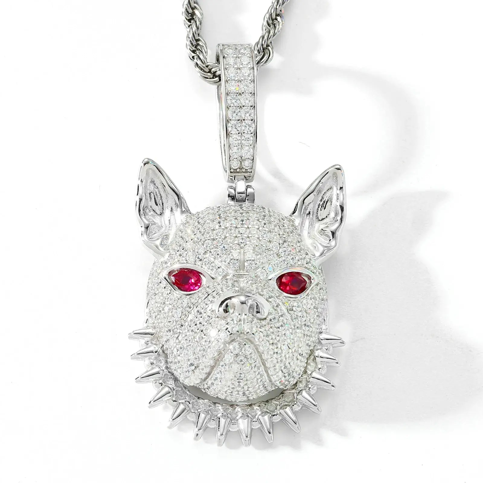 White gold 925 sterling silver moissanite pitbull spike collar pendant on white background — minimalist display, hypoallergenic 925 silver