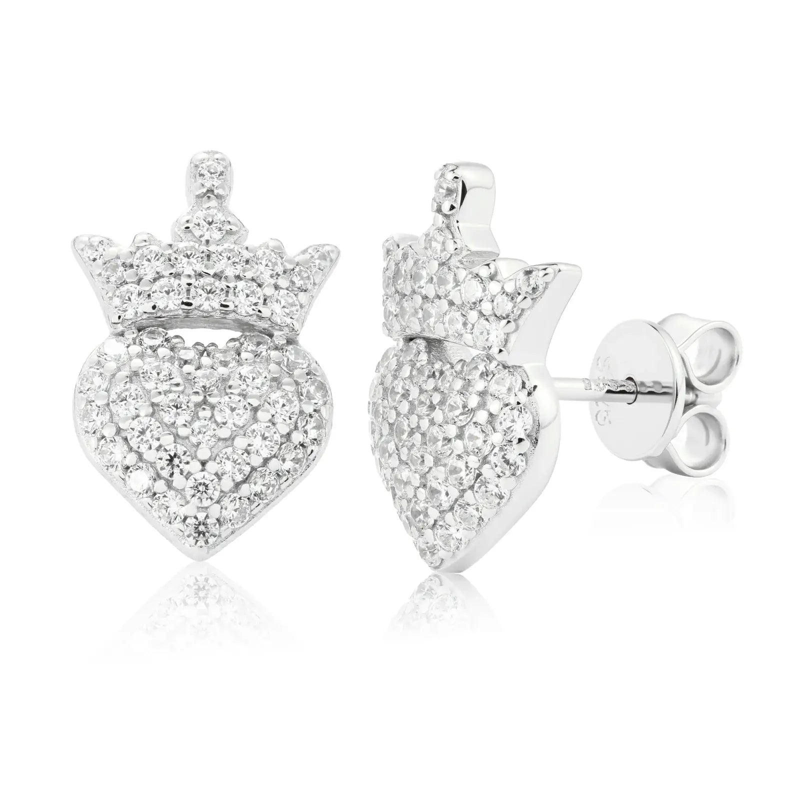White gold 925 sterling silver moissanite crown heart stud earring on white background — minimalist display, moissanite brilliance, regal crown-heart design for gifting & personal wear