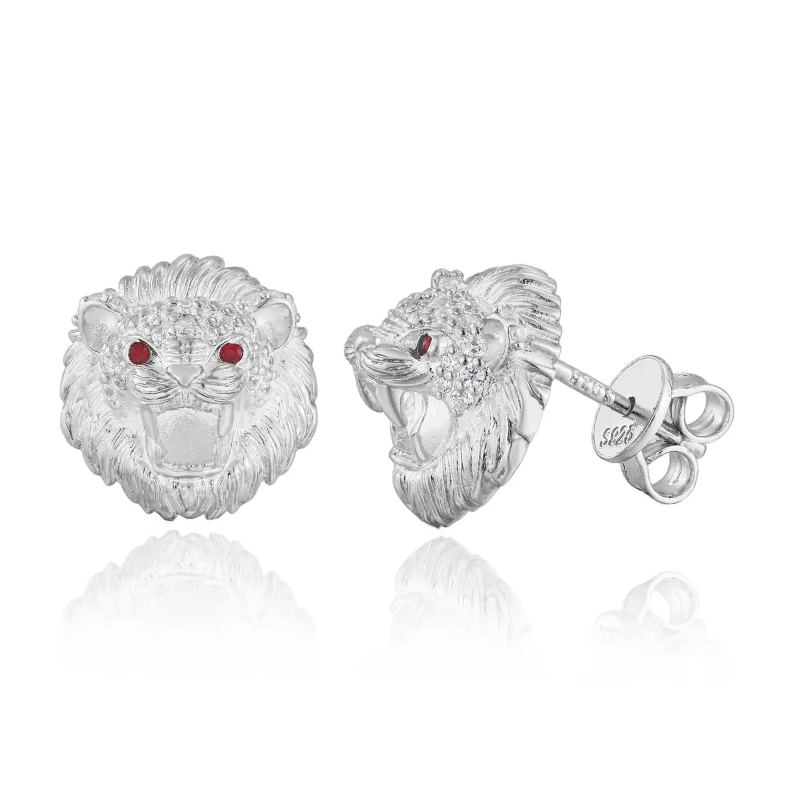White gold 925 sterling silver moissanite little lion stud earring on white background — minimalist display, moissanite brilliance, fierce lion design for gifting & personal wear