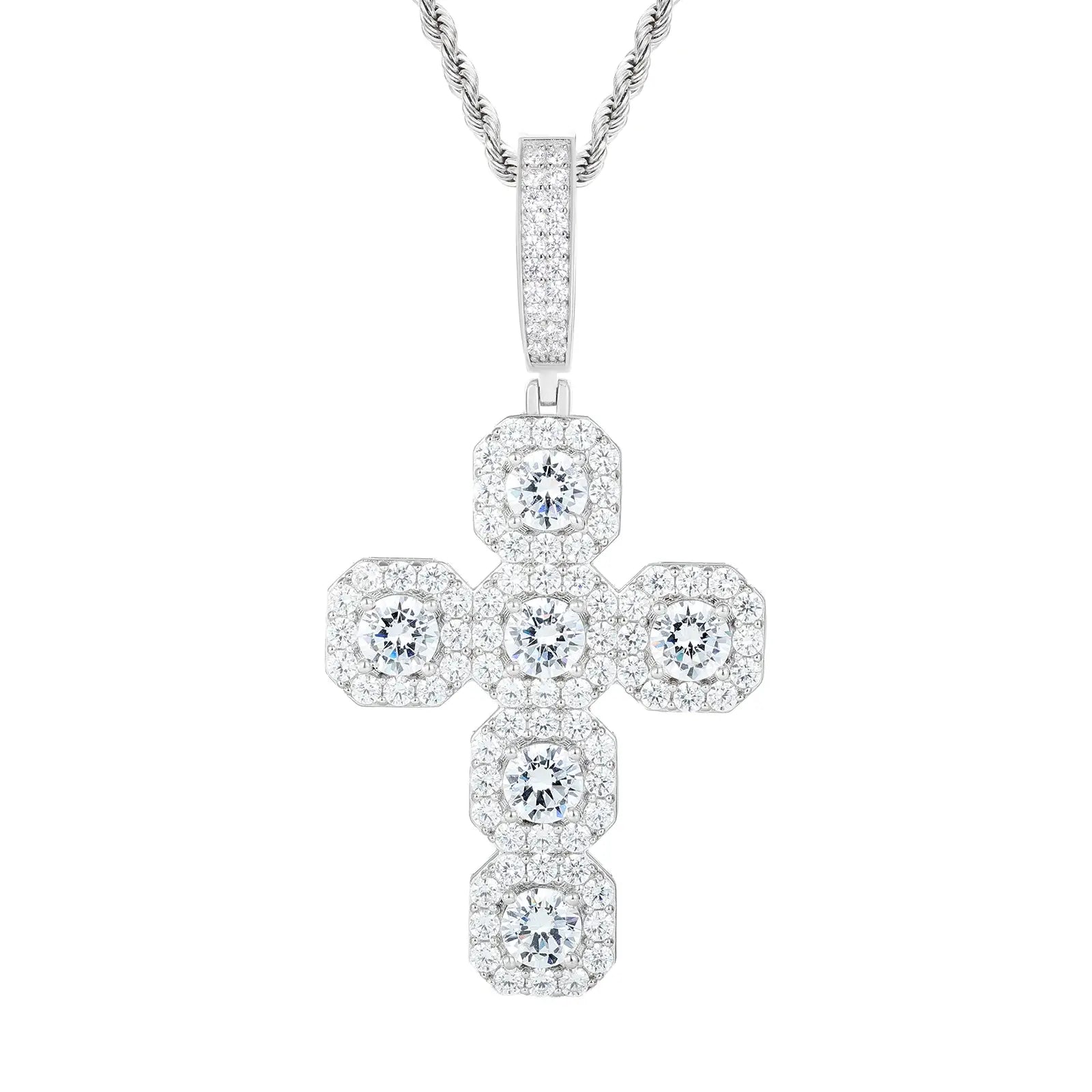 White gold 925 sterling silver moissanite square halo cross pendant on white background — minimalist display, moissanite brilliance, square halo cross for gifting & personal wear