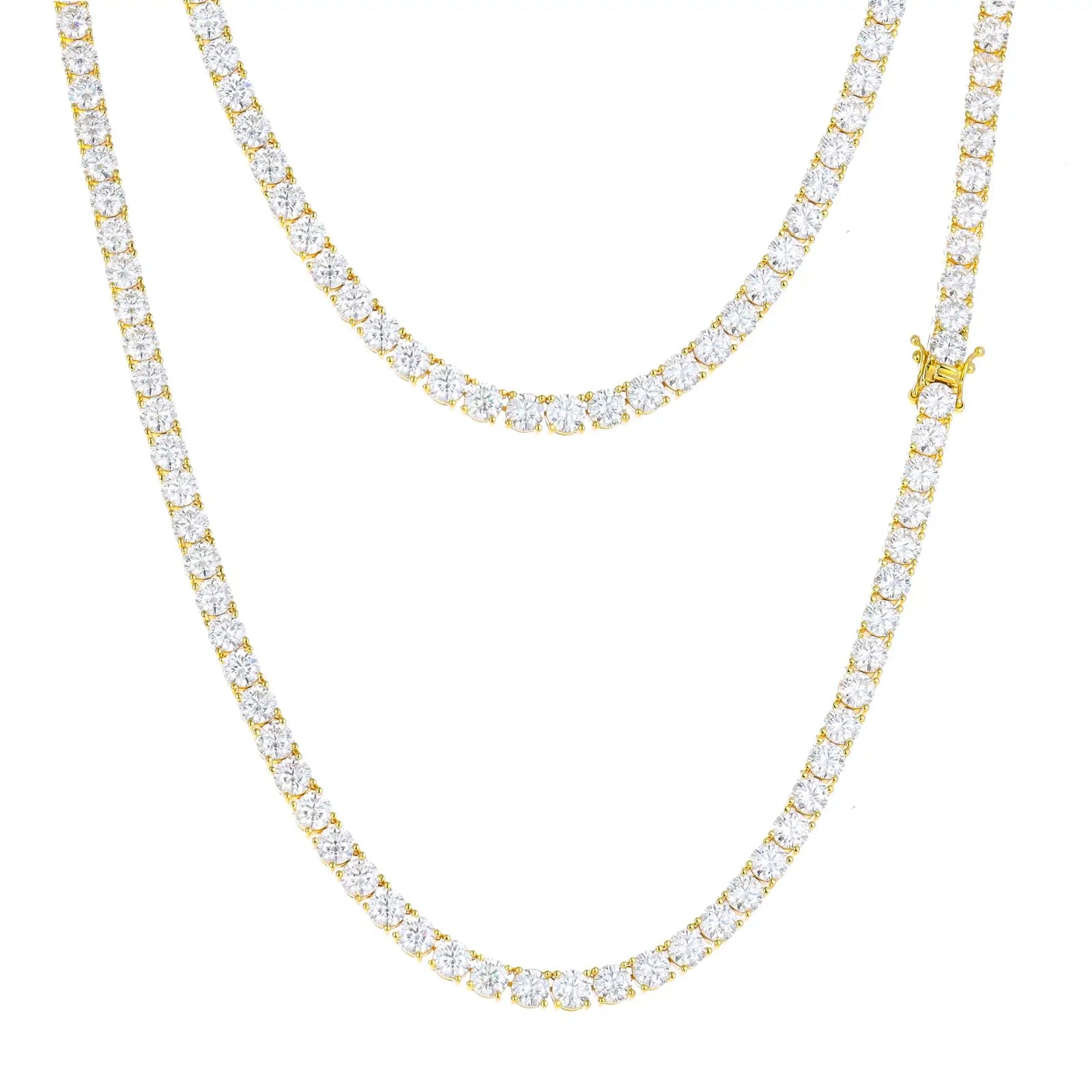 Yellow gold 925 sterling silver cluster moissanite tennis chain double layer on white background — unique color option, cluster detailing, moissanite sparkle, 925 silver luster