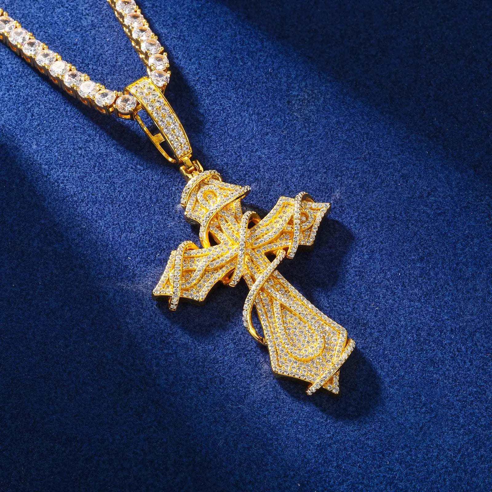 Close-up of yellow gold 925 sterling silver moissanite thorns cross pendant on blue table — highlighting moissanite detailing, thorns texture, 925 silver craft