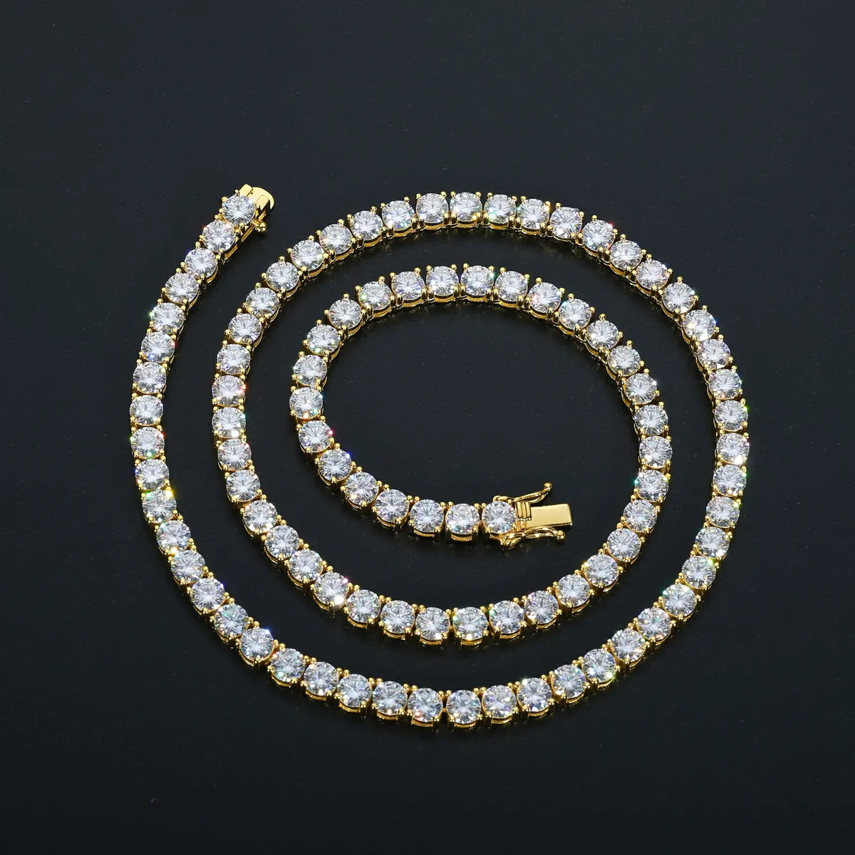Yellow gold 925 sterling silver cluster moissanite tennis chain on black background — showcases iced-luxury, moissanite sparkle, cluster design, hypoallergenic 925 silver