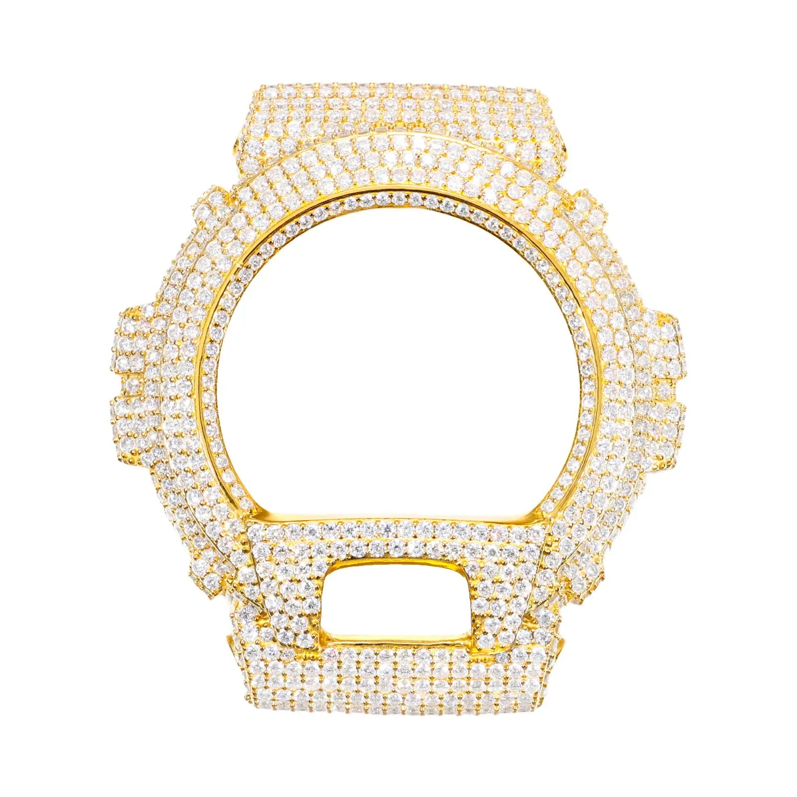 Yellow gold 925 sterling silver moissanite G-Shock DW6900 watch case full display on white background — showcases iced-out luxury, moissanite sparkle, 925 silver craftsmanship