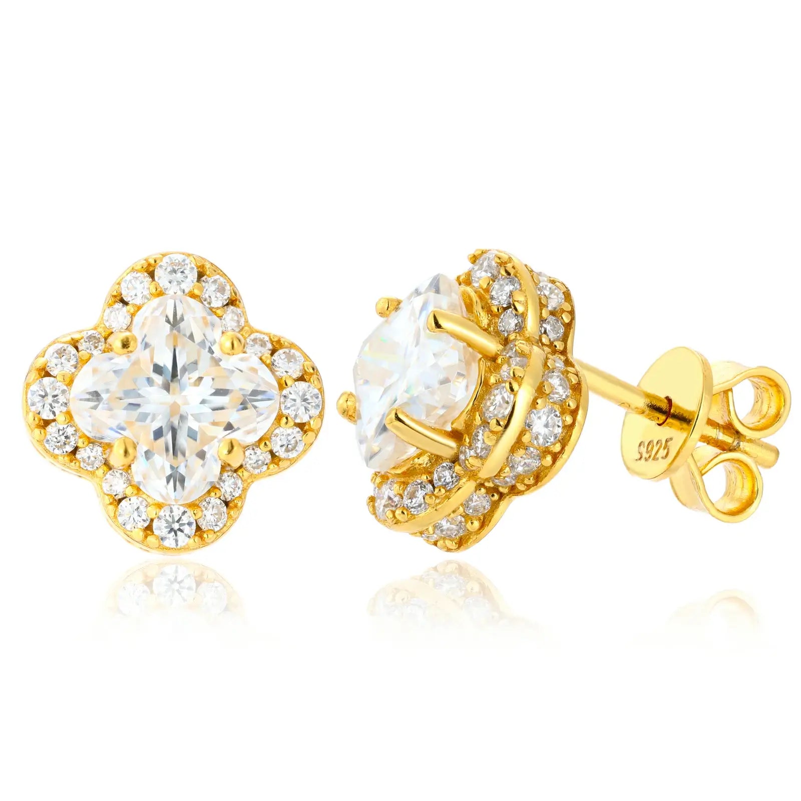 Yellow gold 925 sterling silver lily cut moissanite four leaf clover stud earring on white background — warm gold finish, 925 silver longevity, lily-cut moissanite-encrusted lucky clover design