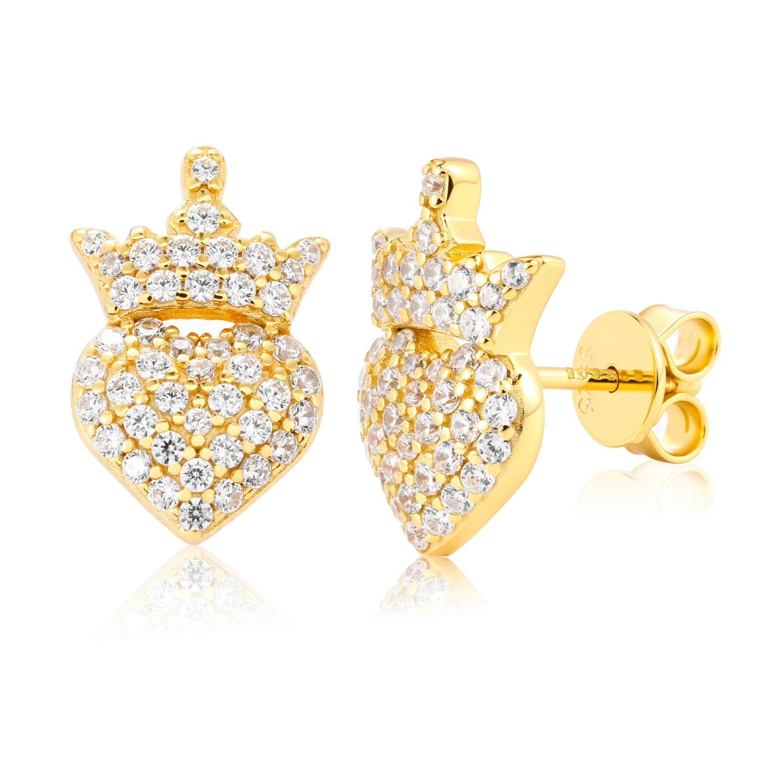 Yellow gold 925 sterling silver moissanite crown heart stud earring on white background — warm gold finish, 925 silver longevity, moissanite-encrusted crown-heart stud design