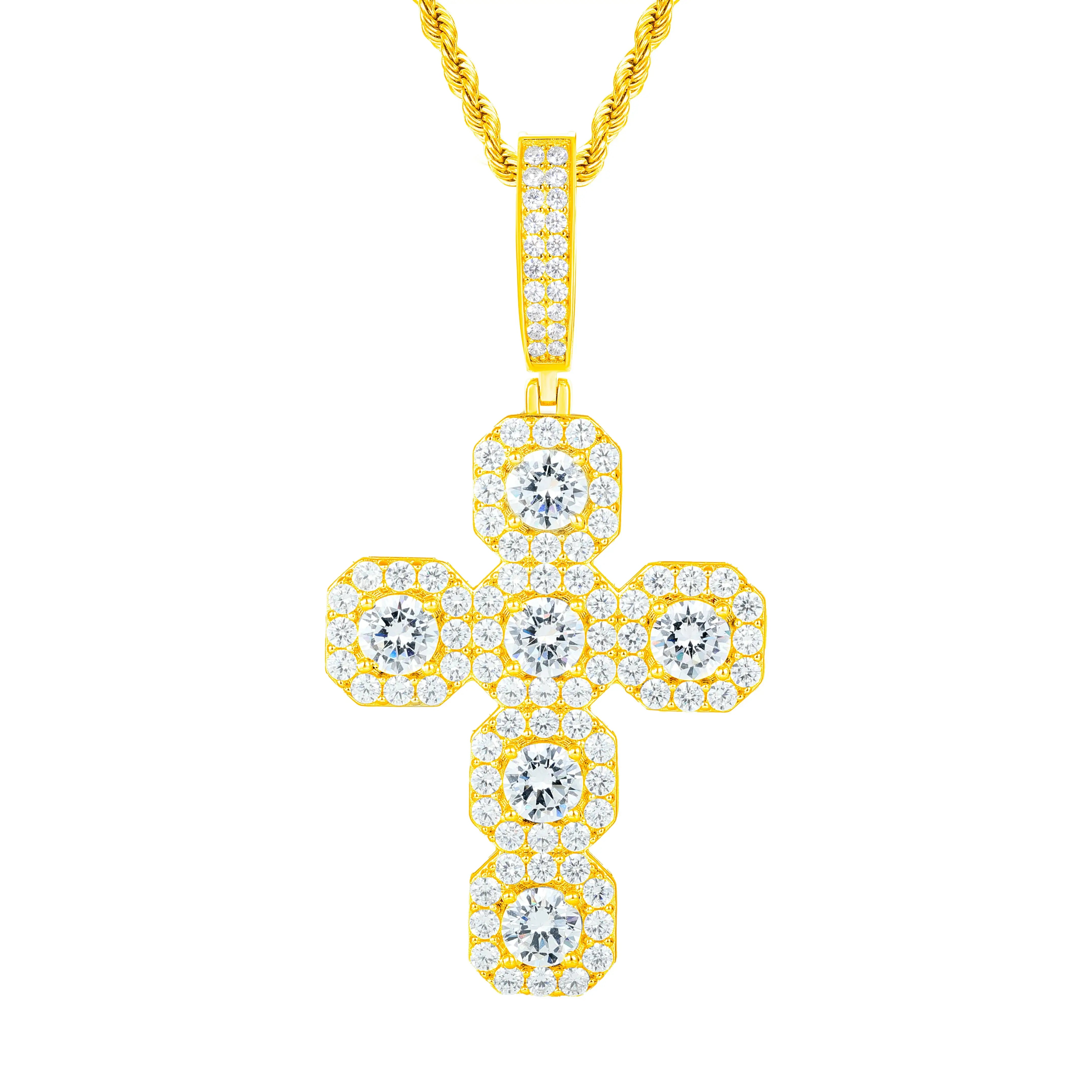 Yellow gold 925 sterling silver moissanite square halo cross pendant on white background — vibrant gold finish, 925 silver longevity, moissanite-encrusted square halo cross design