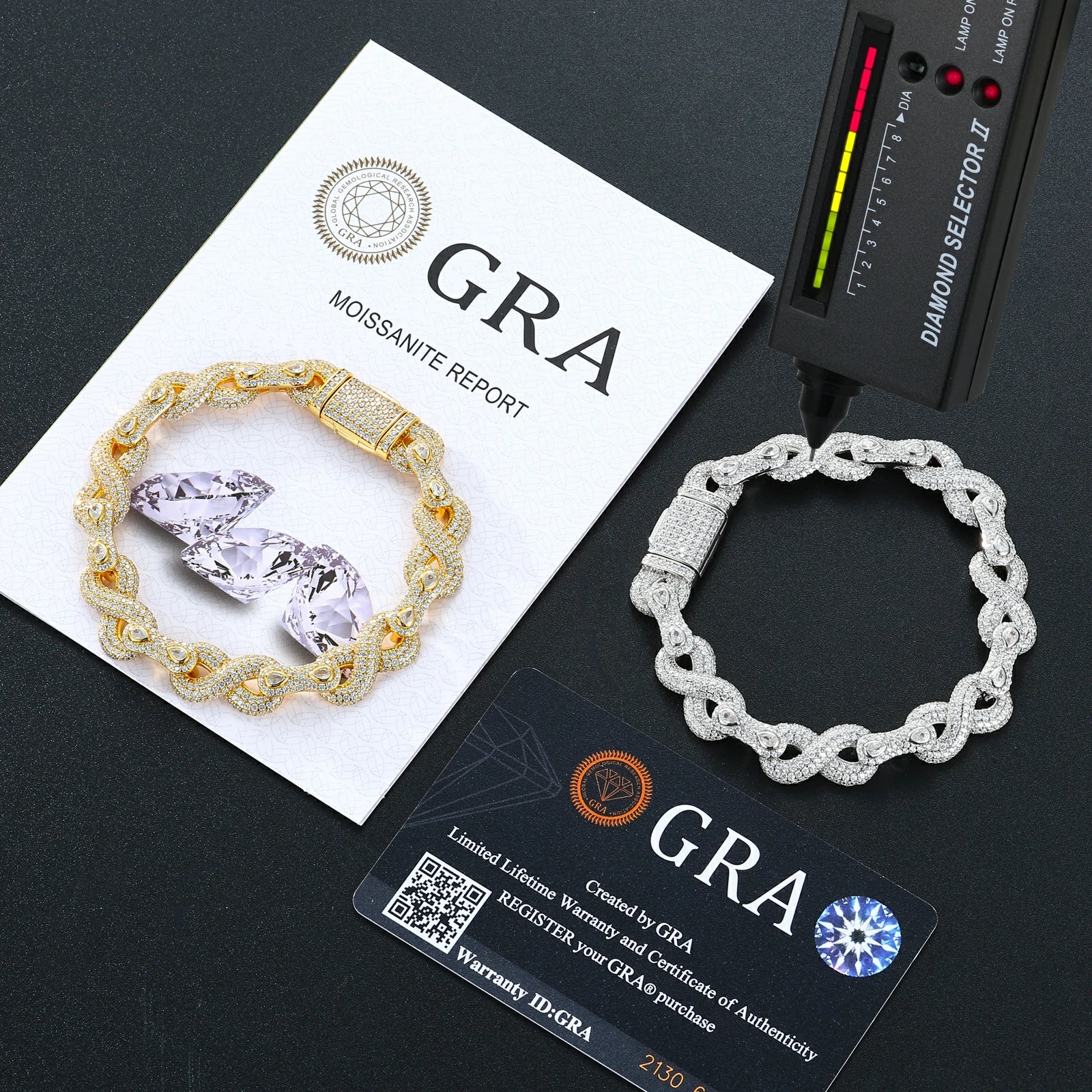 Yellow & white gold 10mm 925 sterling silver moissanite peanut infinity link bracelets with diamond tester + GRA certificate — certified moissanite, 925 silver craftsmanship