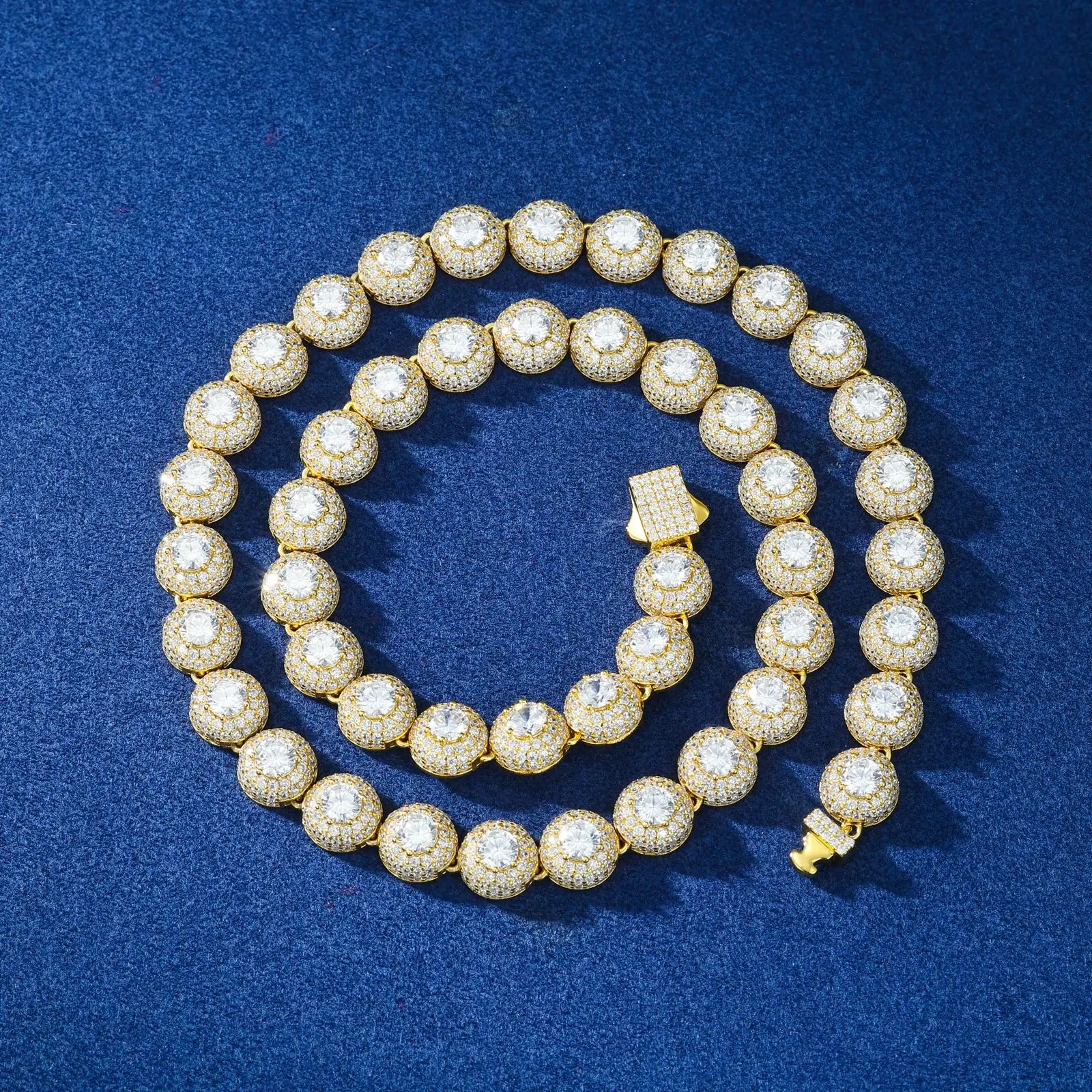 Yellow & white gold 10mm 925 sterling silver moissanite round halo tennis chain comparison on blue background — highlights color options, round halo moissanite inlay, 925 silver craftsmanship