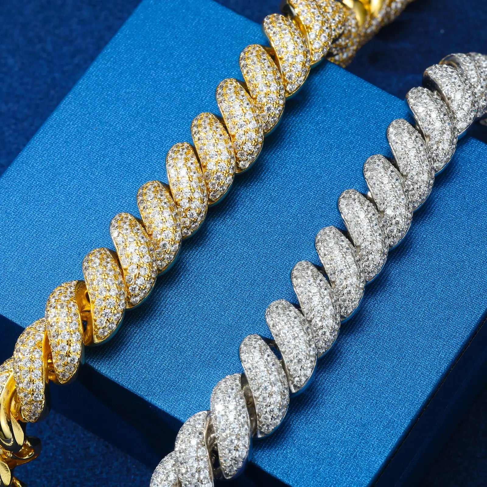 Yellow & white gold 12mm 925 sterling silver moissanite hemp rope chain comparison on blue background — highlights color options, full moissanite inlay, 925 silver craftsmanship