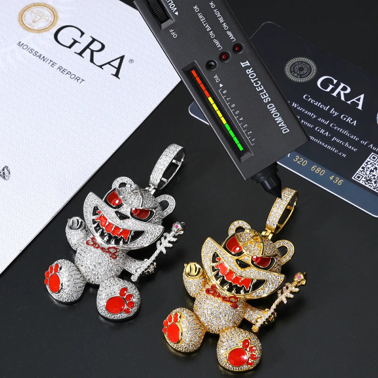 Yellow & white gold 925 sterling silver moissanite evil bear pendants with diamond tester + GRA certificate — certified moissanite, dual-tone collection