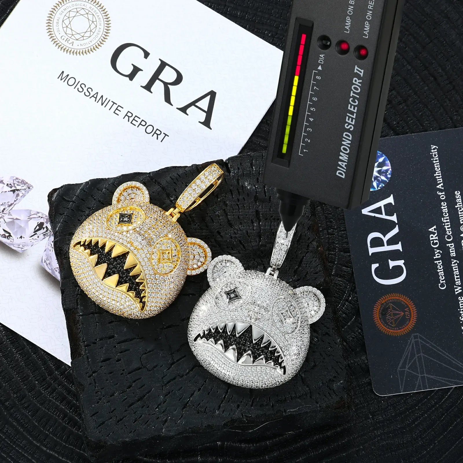 Yellow & white gold 925 sterling silver moissanite hungry bear pendants with diamond tester + GRA certificate — certified moissanite, dual-tone luxury