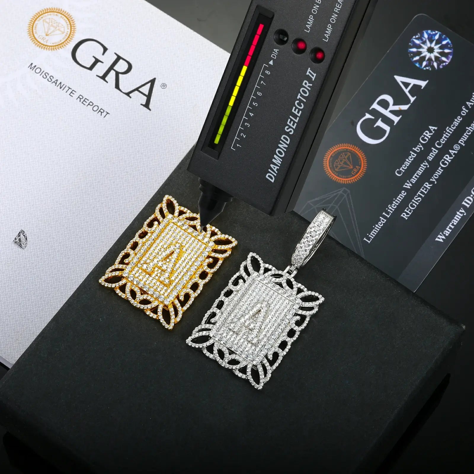 Yellow & white gold 925 sterling silver moissanite Letter A square dog tag pendants with diamond tester + GRA certificate — certified moissanite, 925 silver craftsmanship, square dog tag design