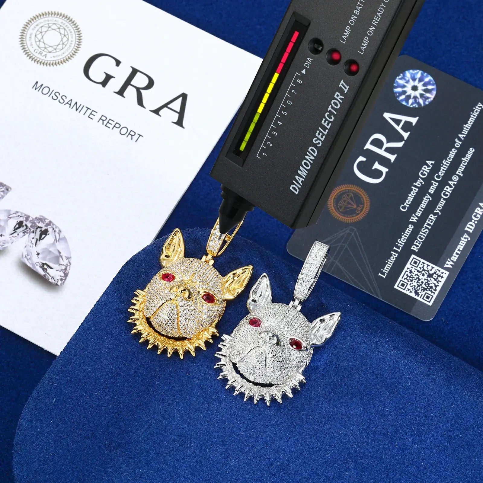 Yellow & white gold 925 sterling silver moissanite pitbull spike collar pendants with diamond tester + GRA certificate — certified moissanite, dual-tone luxury